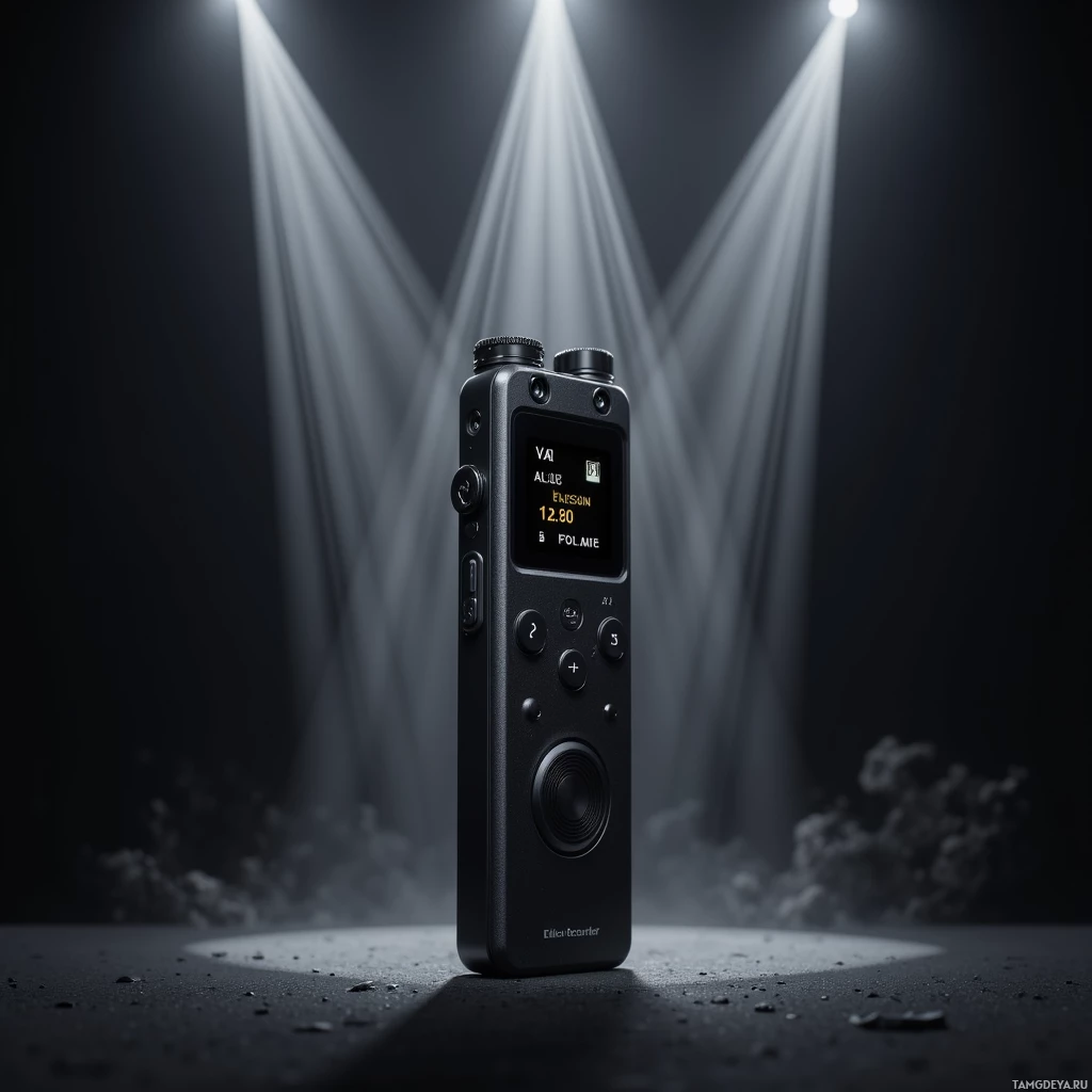Semi-abstract image with many light, that is suitable for the post:  Pocket-sized matte black field recorder with a glove‑like sleek chassis, a tiny OLED display, and a built‑in directional microphone.