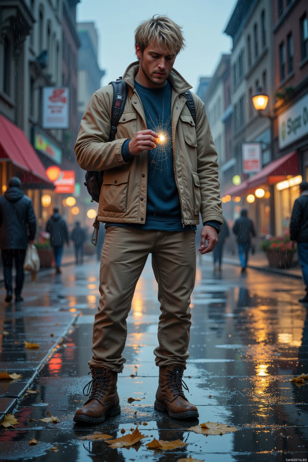 Realistic high quality photo. Tall man with messy light blonde hair, piercing blue eyes, wearing a simple beige jacket, khaki pants, and durable hiking boots, stands on a rain-soaked city street at dusk, tracing a faint iridescent spiderweb on a leaf with his finger while watching light refract through puddles reflecting the city lights.