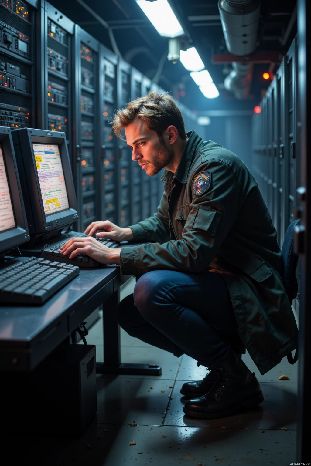 Realistic high quality photo. 28-year-old man with light brown hair, blue eyes, dark utility jacket, reinforced pants, worn boots, hunched over a dimly lit terminal in a quiet underground server room, decoding 1980s mainframe code with flickering display and dust motes.