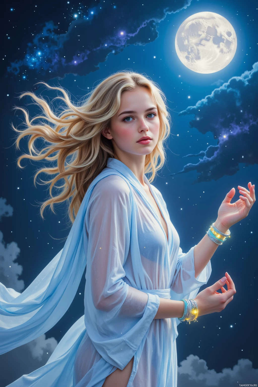 Realistic high quality photo. Serene 24‑year‑old woman with long curly blonde hair, soft blue eyes, pale luminous skin, in translucent shimmering robes and glowing moon‑bracelets, floating above a silvered grove at night, wind swirling her hair, wandering companions chasing a single bright star, a smiling moon overhead, constellations glimmering across the sky.