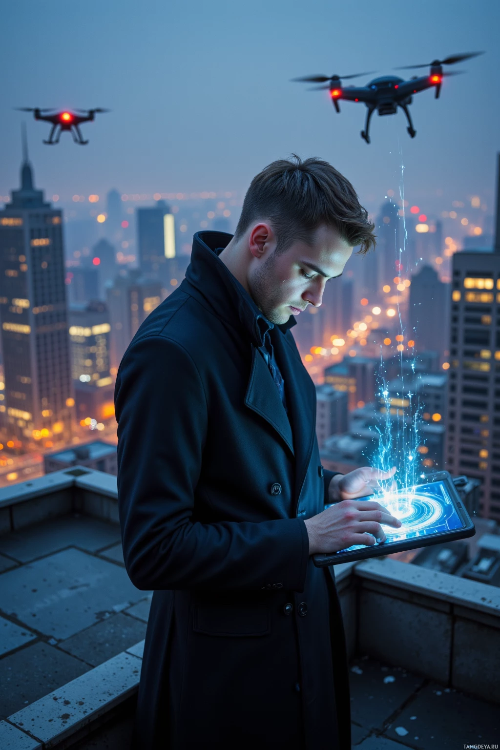 Realistic high quality photo. 30‑year‑old man with short light brown hair, sharp angular features, pale skin, vivid blue eyes including a cybernetic eye, wearing a sleek black trench coat, standing on a high‑rise rooftop overlooking a flickering grid of city lights, surrounded by hovering surveillance drones, intently inputting anomaly data into a holographic tablet, late evening.