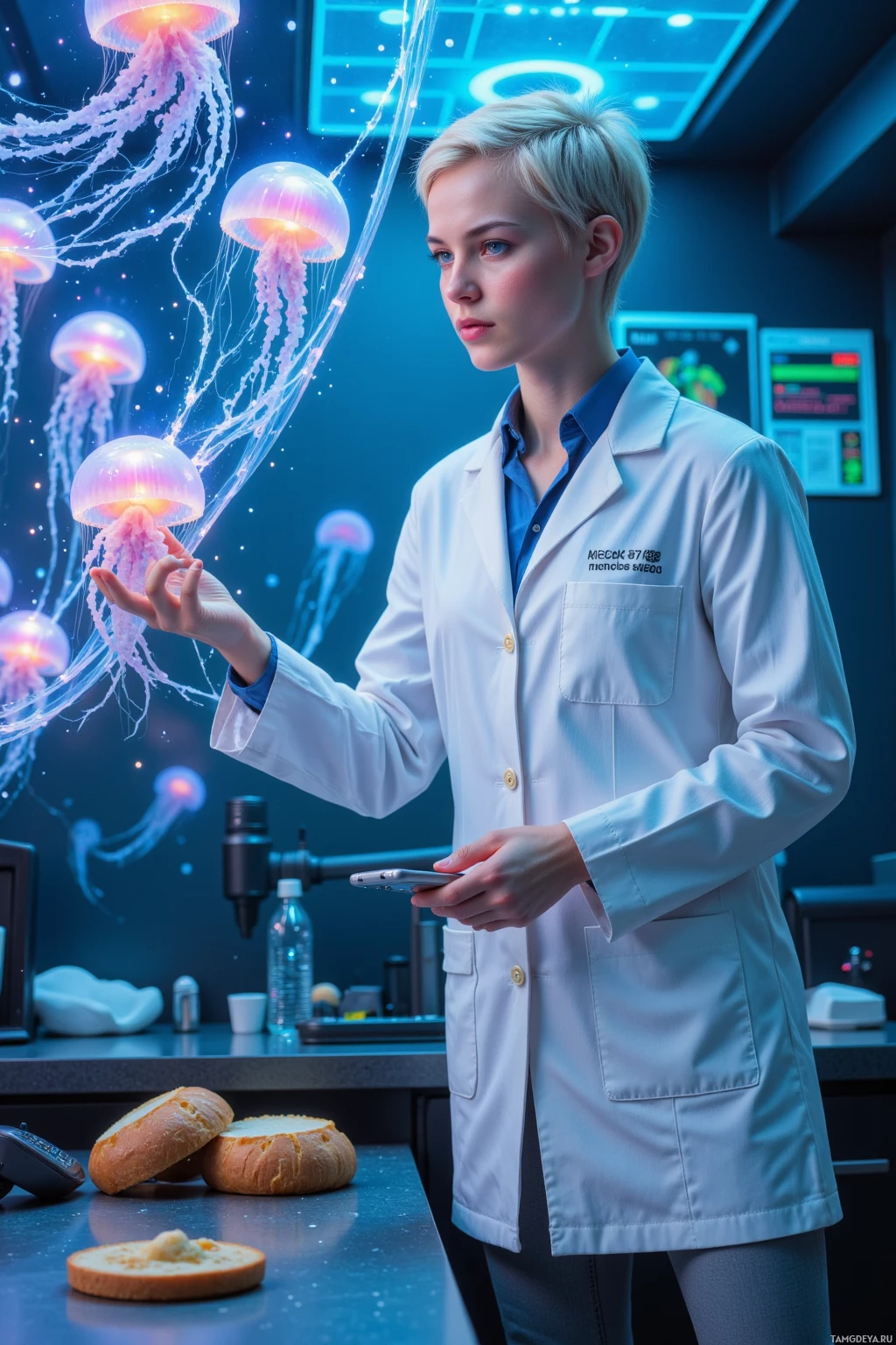 Realistic high quality photo. Female, 27, short white hair, blue eyes, wearing a sleek pale lab coat with glowing accents and fitted gray pants, floating inside a glowing digital reef of alien jellyfish swarming in slow motion, ionized currents swirling around, a small piece of bread resting on a nearby counter, her phone buzzing with a birthday reminder, all set in a research chamber with holographic data panels.