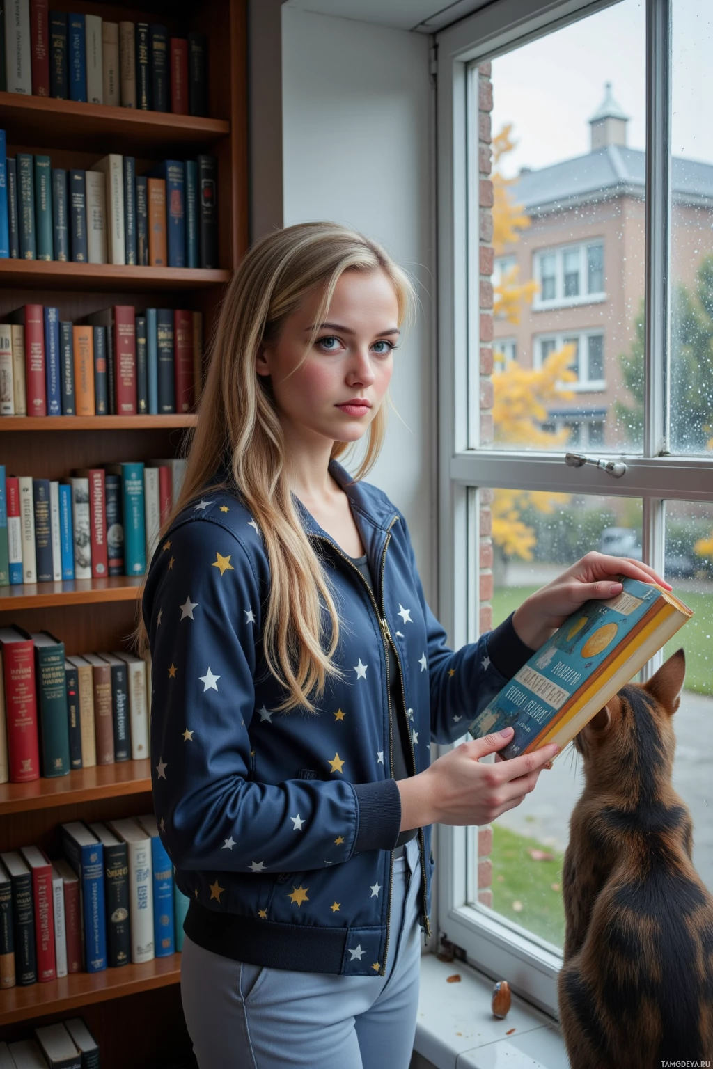 Realistic high quality photo. A 25‑year‑old woman with bright blonde braids, fair skin, bright blue eyes, wearing a star‑patterned jacket and pale blue trousers, standing by a rain‑soaked window in her living room, aligning books on a bookshelf to moon phases while a cat watches a streetlamp outside, with light dust particles swirling in the afternoon light.