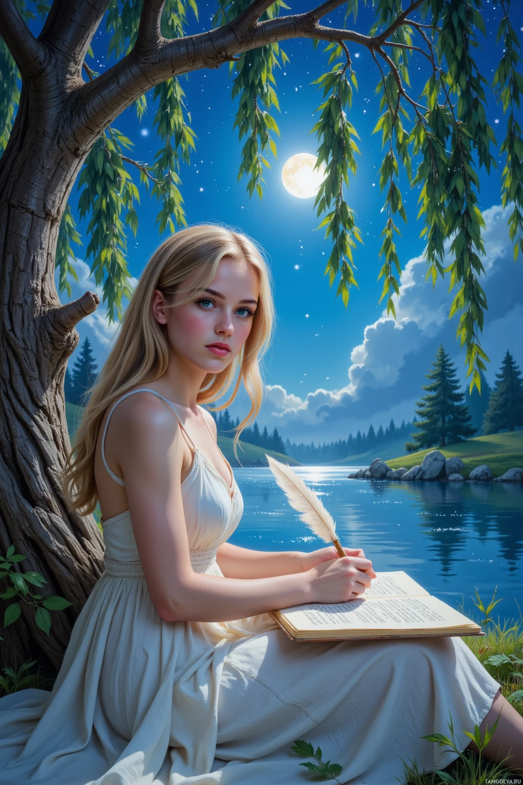 Realistic high quality photo. A young woman with soft blonde hair and dreamy blue eyes, wearing a light, flowy white dress, sits beneath moonlit ancient willows by a silver lake, parchment open before her, quill in hand, writing verses as wind stirs the willow leaves and stars glimmer above in a gentle night haze.
