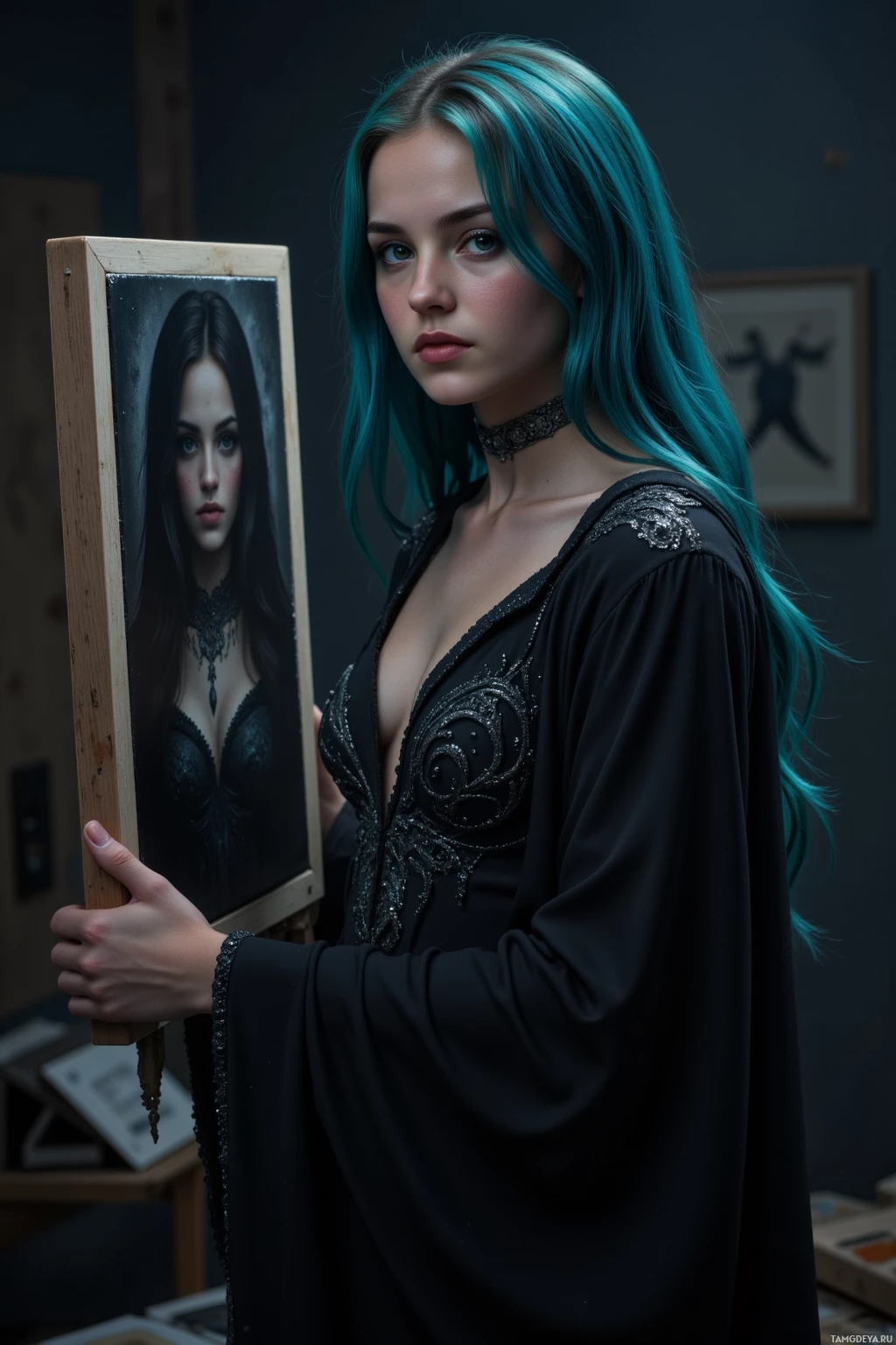Realistic high quality photo. Female artist, 27, long deep blue hair, piercing green eyes, pale skin, in gothic attire—a flowing black dress with intricate silver detailing and a silver choker—stands alone in a dimly lit studio at night, staring at a canvas whose edges are draped in shadows, evoking mystery and solitude.