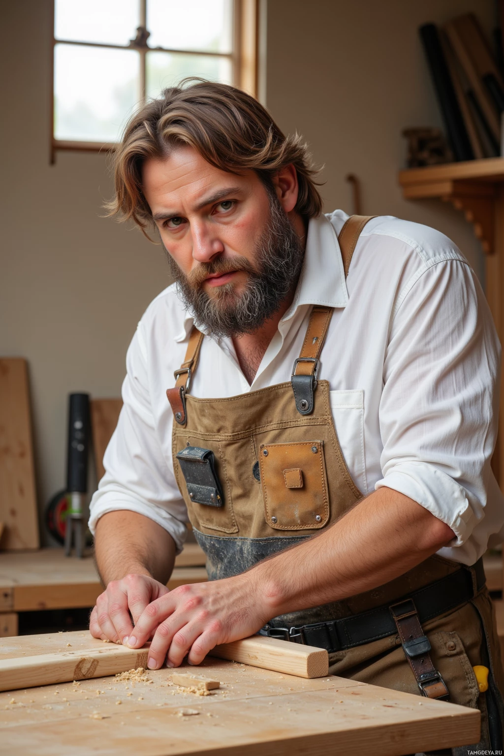 Realistic high quality photo. A 45‑year‑old broad‑shouldered carpenter with shoulder‑length brown hair, dark‑blonde beard, blue eyes, wearing a white shirt under a worn earth‑toned apron and durable pants with a tool belt, sits at a wooden workbench in a sunlit workshop with skylight, carefully sanding and measuring oak dining chair joints to millimeter precision amid sawdust and tools.
