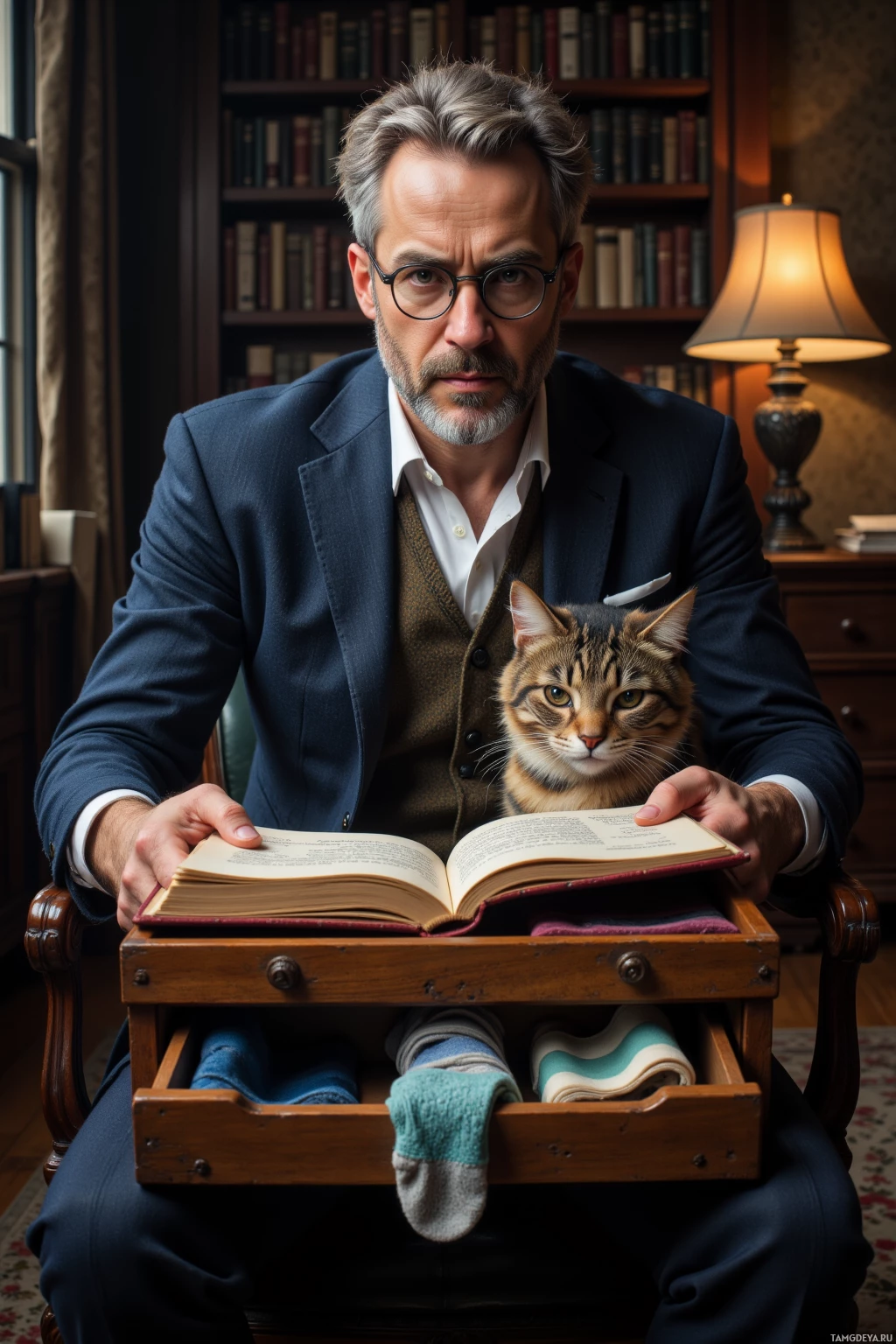 Realistic high quality photo. A 40-year-old salt-and-pepper-haired man with pale skin and blue eyes, wearing round glasses and a tailored classic blazer, sits knee-deep in an open 14th-century treatise in a dimly lit modern study, a cat perched on his lap sniffing the buttery paper while he reorders a sock drawer by thread count, the single diplomatic sock from a forgotten nomadic tribe prominently displayed, his expression a mix of perplexed impatience and dry wit.
