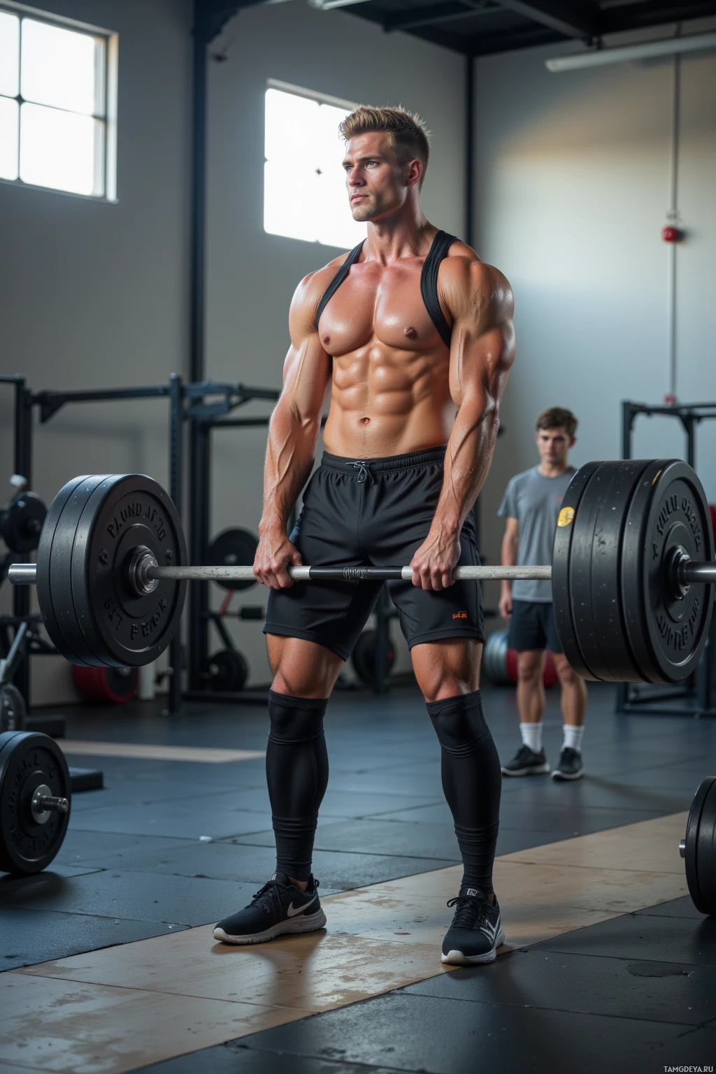Realistic high quality photo. A 32‑year‑old man with short blonde hair, bright blue eyes, muscular build, wearing fitted athletic wear and sneakers, fiercely lifting a heavy barbell in a modern indoor training gym, a younger trainee lagging behind, midday sunlight streaming through high windows, sweat glistening on his forehead, the room filled with weight racks and cardio machines.