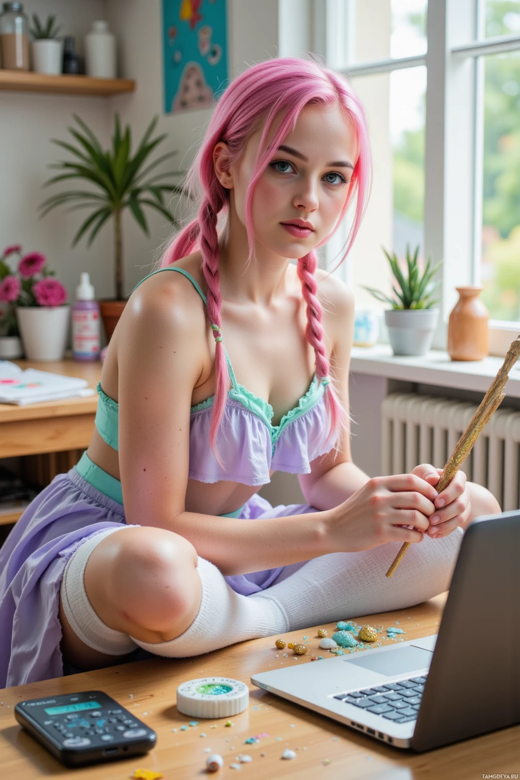 Realistic high quality photo. 21‑year‑old woman with pastel pink twin tails, blue eyes, wearing a layered lavender and mint skirt, ruffled crop top, thigh‑high white socks, sits at a wooden crafting table in a sunlit home studio, sculpting a glittering wand while a digital timer on a laptop shows overdue, chat bubbles cheer her chaotic livestream.