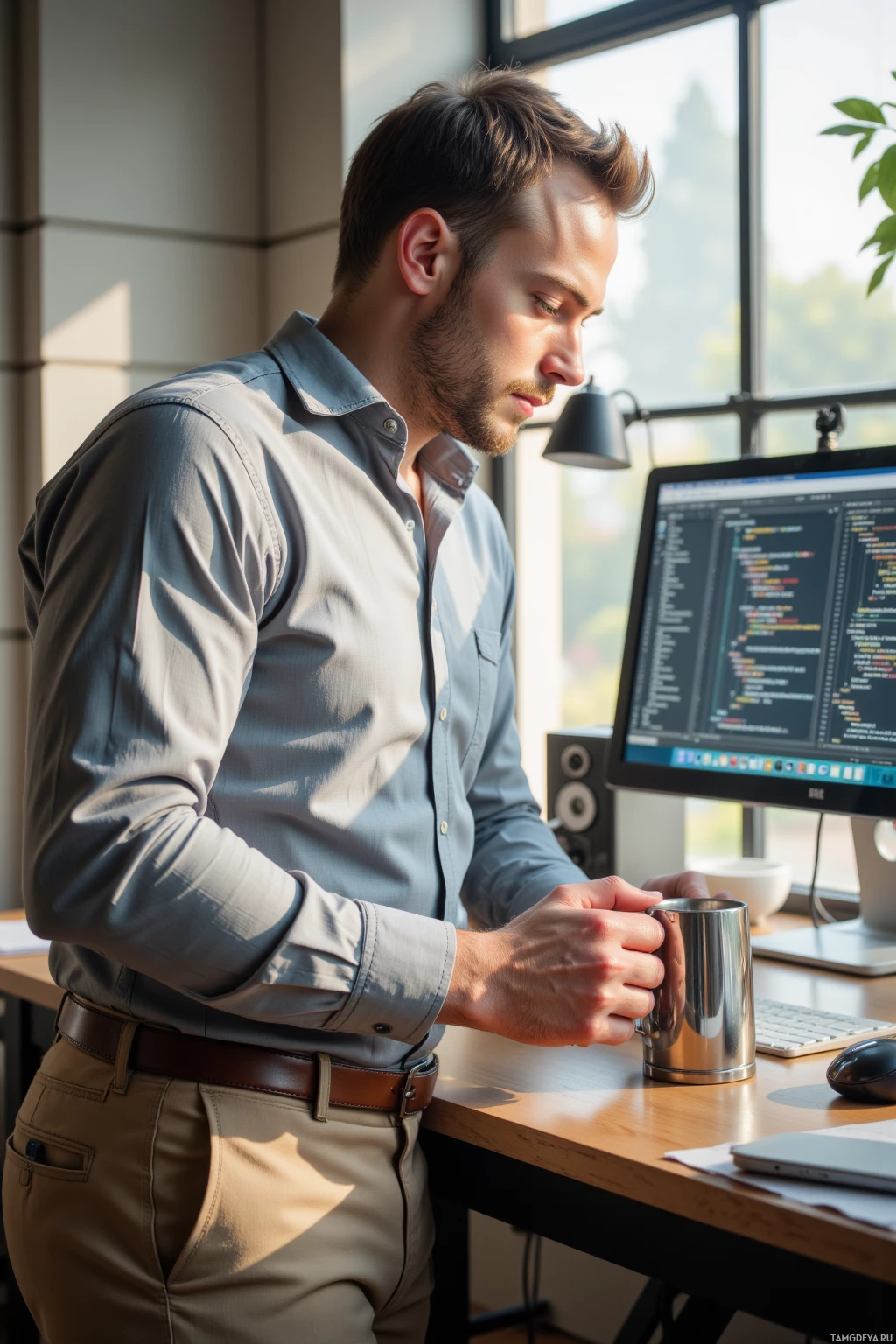 Realistic high quality photo. A 36‑year‑old man with short light brown hair and blue eyes, wearing a light gray button‑up shirt and fitted beige trousers, meticulously adjusts a chrome mug on a desk in a sunlit studio, with a computer monitor displaying rendering code, afternoon light casting sharp, physically‑based highlights across the scene.