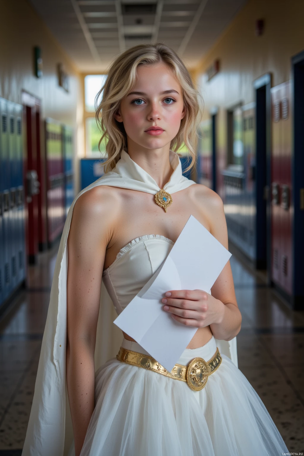 Realistic high quality photo. 16‑year‑old woman with curly blonde hair, bright blue eyes, pale skin, wearing a flowing white tutu, matching cape, and a golden belt buckle, standing in a dimly lit school hallway resembling a backstage corridor, rehearsing lines with a script in hand, lockers and classroom doors lining the walls, afternoon light filtering through windows.