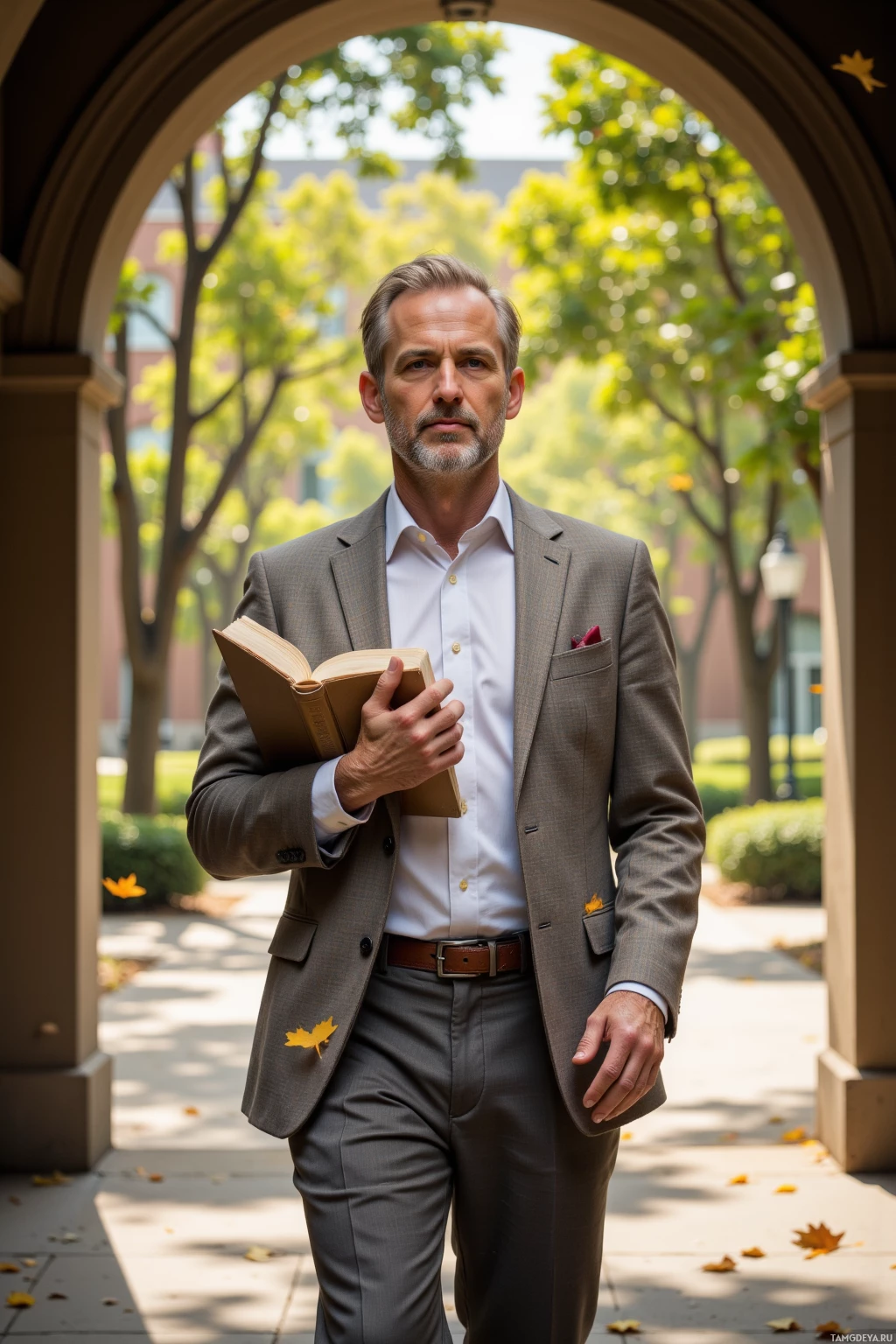 Realistic high quality photo. A man in his 40s with salt‑and‑pepper hair, blue eyes, wearing a light blazer over a collared shirt and tailored trousers, walking through a sunlit campus courtyard beneath a sycamore arch, leaf patterns falling around him, holding an anthropology textbook, deep in thought, with a quiet academic demeanor.