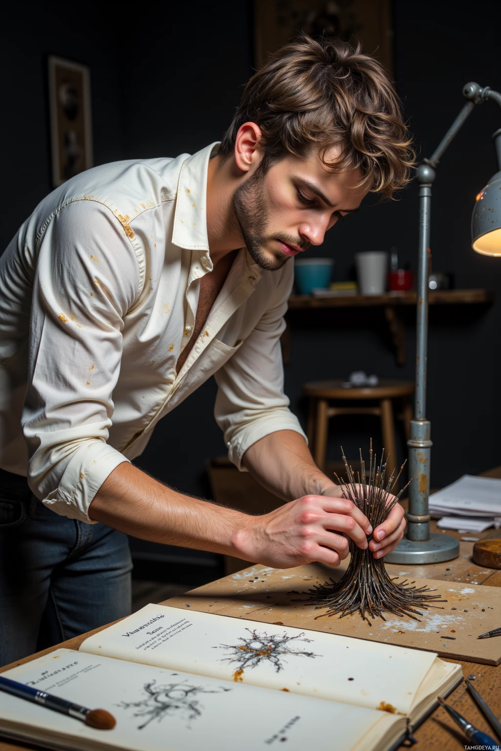 Realistic high quality photo. Male, 28, light brown messy hair, blue‑green eyes, fair skin, wearing a paint‑splattered white shirt and dark jeans, late‑night studio with dim overhead lamp, reassembling rusted needles into a small kinetic sculpture on a wooden table beside a sketchpad halfway finished, an open notebook of aftercare anecdotes, a coffee‑stained brush resting nearby, focused and tense atmosphere.