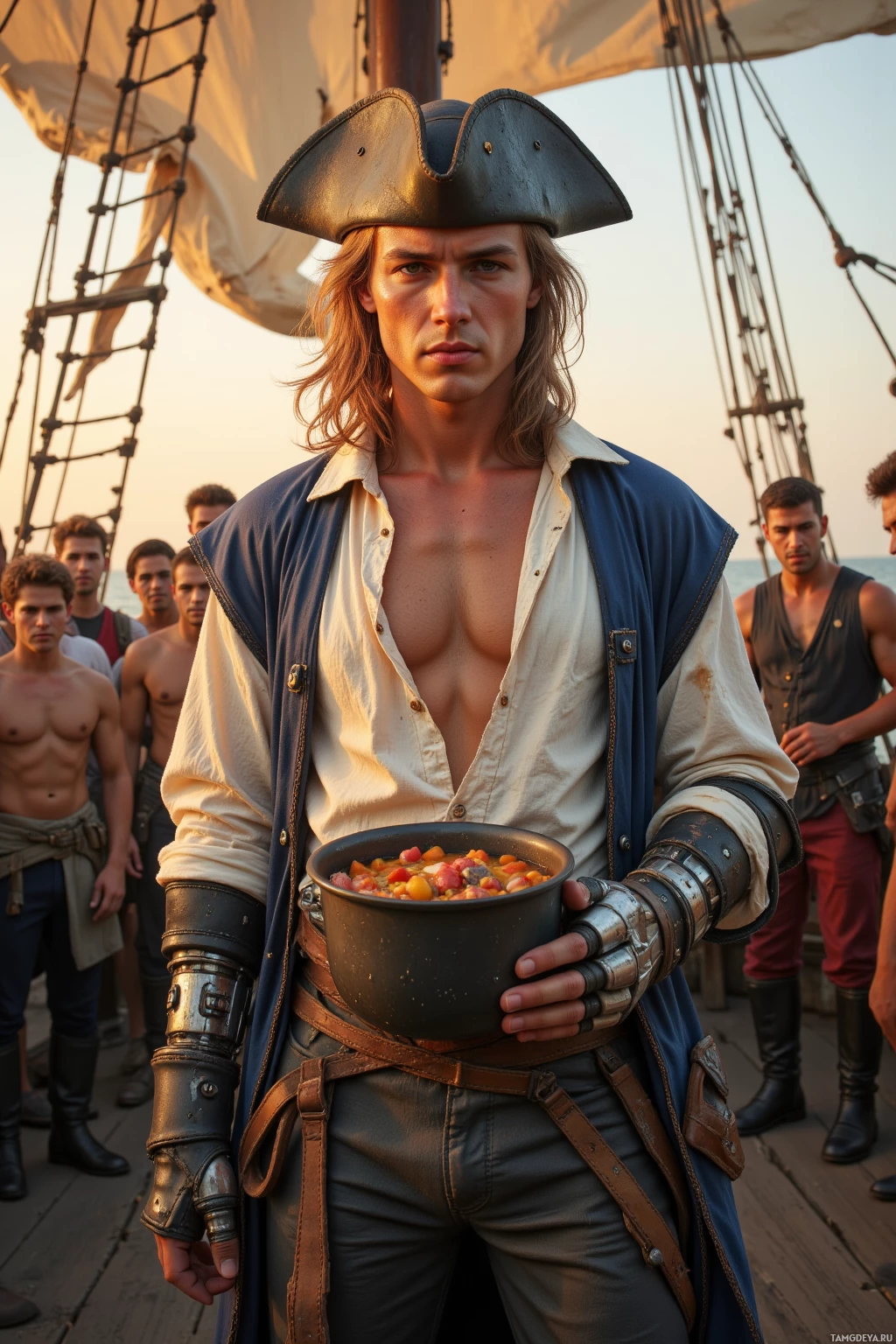 Realistic high quality photo. Rugged 29‑year‑old sea captain with sun‑kissed blonde hair, piercing blue eyes, fair skin, wearing a loose white shirt, long weathered coat open to reveal his chest, breeches, slightly askew tricorn hat, and an intricately designed mechanical arm, standing on a sunburnt ship deck at sunrise, holding a pot of stew that is boiling over while a cheering crew watches in the background.
