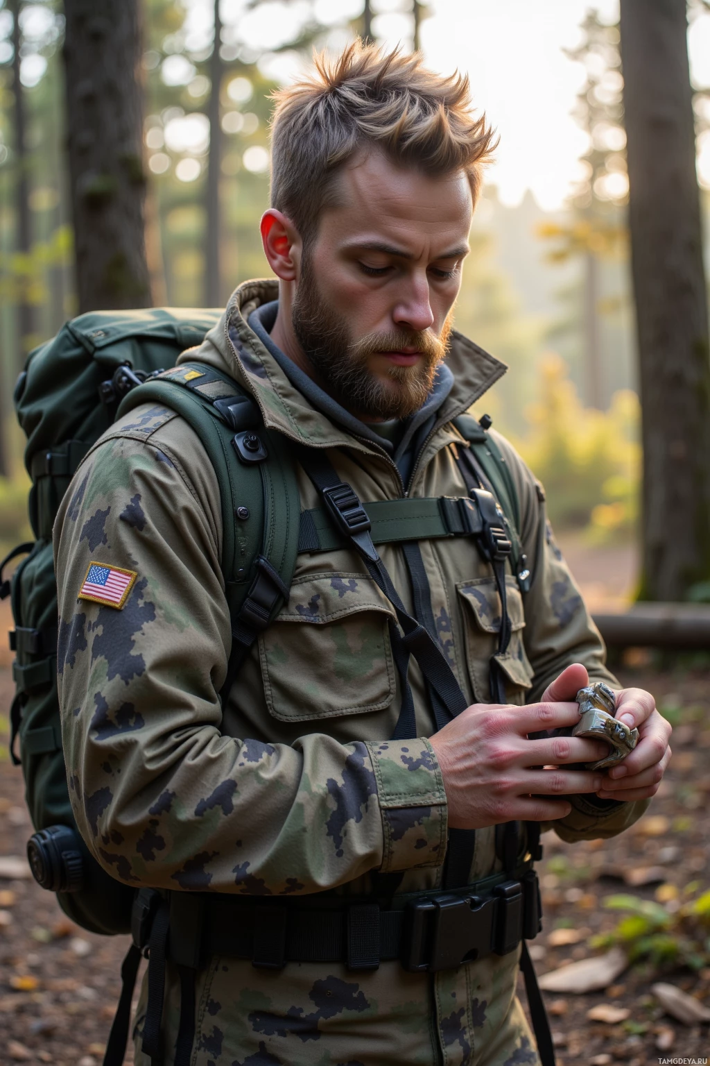 Realistic high quality photo. A 33‑year‑old man with short messy blonde hair, thick beard and blue eyes, wearing a camouflage jacket, tactical pants and combat boots, carefully inspecting a rivet on his backpack on a forest trail under soft morning light.