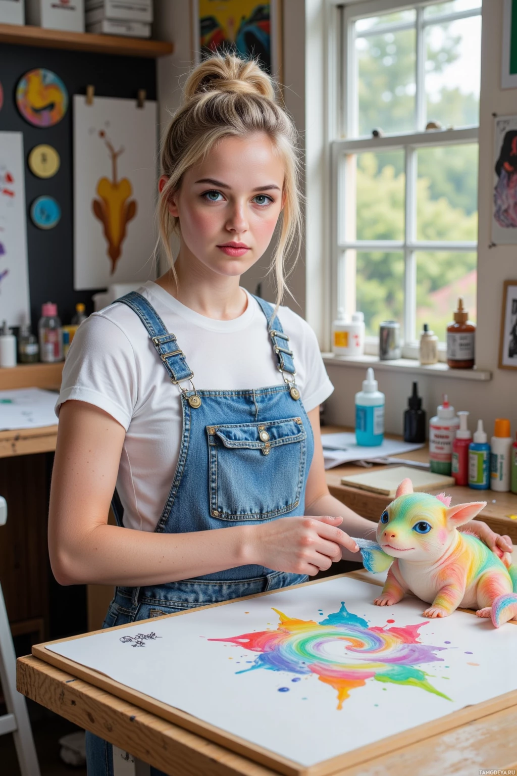 Realistic high quality photo. Female artist, 24, blonde messy bun, blue eyes, wearing overalls and a white t‑shirt, standing in a cluttered workshop with a glitter tornado of unfinished sketches swirling around a drafting table, holding a newly tamed dragon tail beside a wall‑mounted print challenge scoreboard, while pastel‑colored axolotl plushies hold hands in rainbow glue, midday light streaming through windows.
