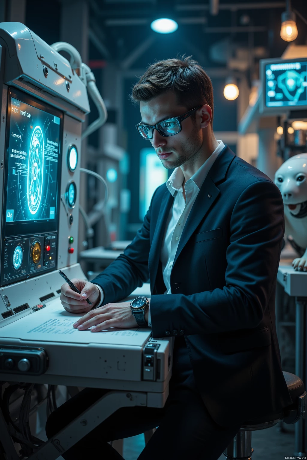 Realistic high quality photo. 27‑year‑old male inventor with short dark brown hair, sharp blue eyes, pale skin, angular face, wearing a sleek futuristic suit with glowing interface panels on his glasses, white dress shirt, black trousers, tech‑laden wristwatch, intensely focused in a high‑tech laboratory with a servo‑driven robotic dog, a temperature gauge below 20 °C, and holographic neural interface projecting poetic text, ambient low light, sci‑fi setting.