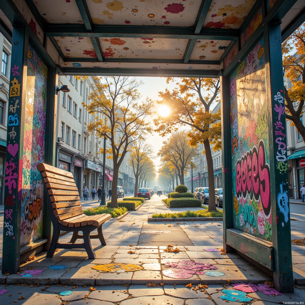 Semi-abstract image with many empty light space at center of beautiful background, that is suitable for the post:  The graffiti on the bus stop is a palimpsest of voices, each stripe a pulse in the city's veins.
