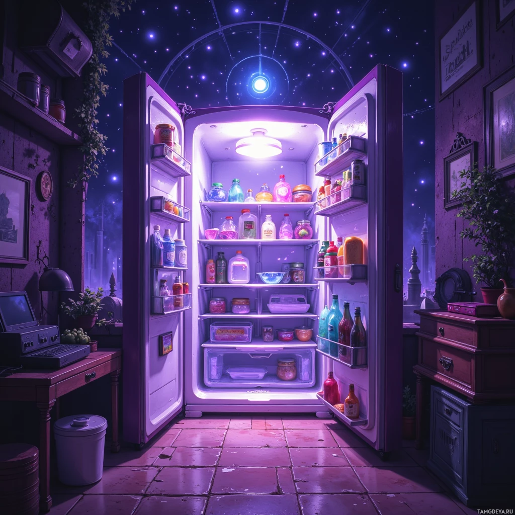 Semi-abstract image with many empty light space at center of beautiful background, that is suitable for the post:  My fridge lights blink like a nostalgic pixelated compass, pointing me toward breakfast burritos before the day’s first boss.