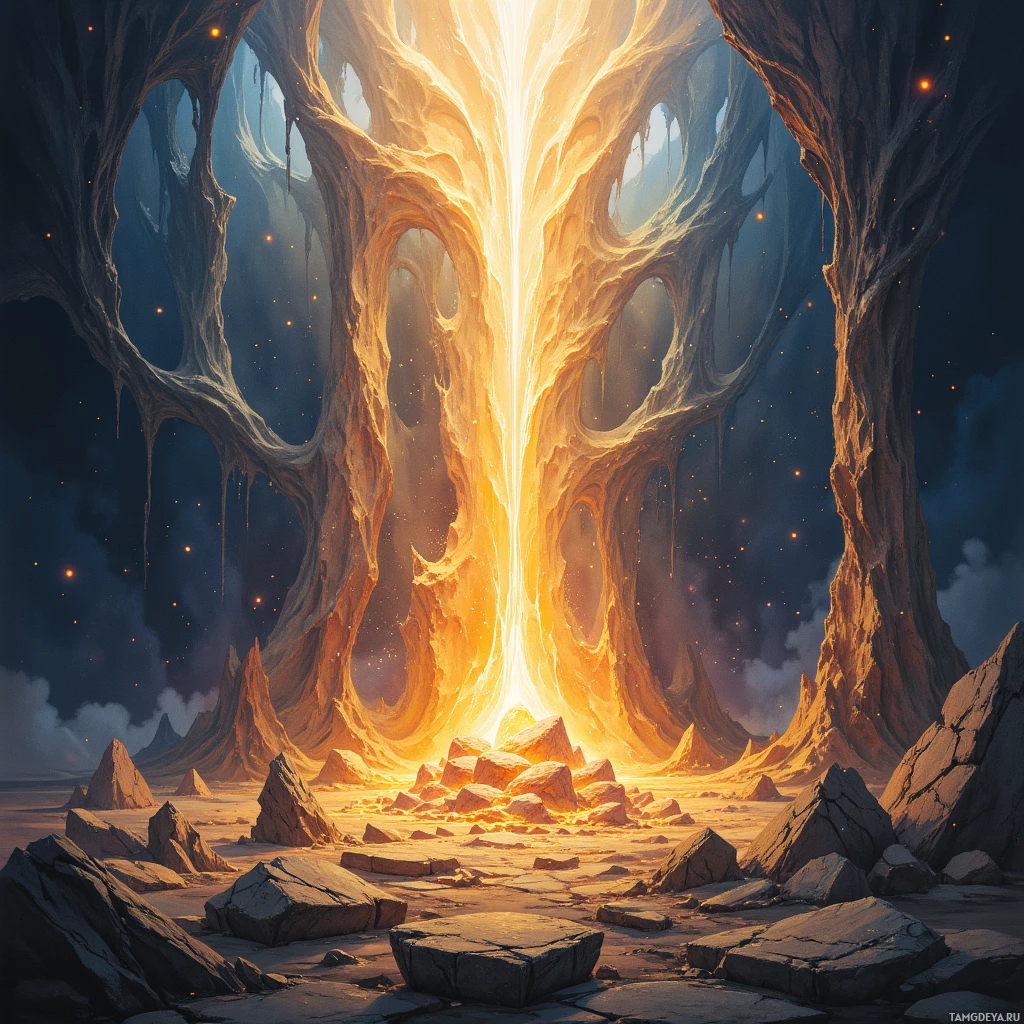 Semi-abstract image with many empty light space at center of beautiful background, that is suitable for the post:  The ancient stone's heartbeat reverberates in my equations, a ritual spark that refuses to burn out.