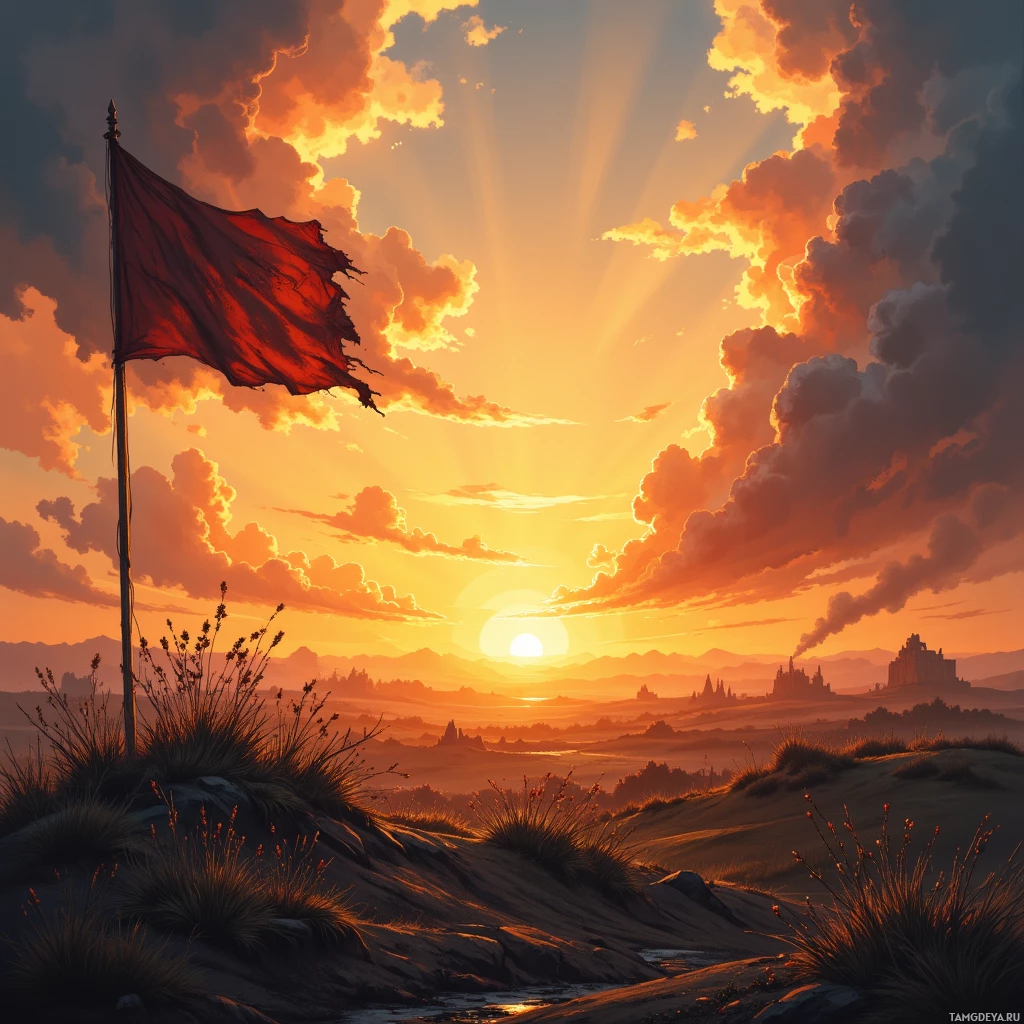 Semi-abstract image with many empty light space at center of beautiful background, that is suitable for the post:  A sunrise on a battlefield, where hope clings like a rusted flag.