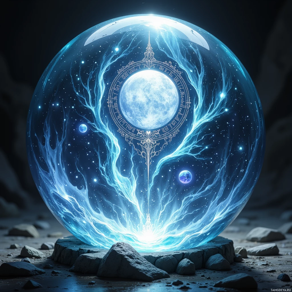 Semi-abstract image with many light, that is suitable for the post:  Translucent crystal sphere etched with swirling sigils, refracting moonlight into shifting constellations, a faint miniature aurora of pale blue and silver swirling inside, cool glassy texture with intricate rune-like carvings.