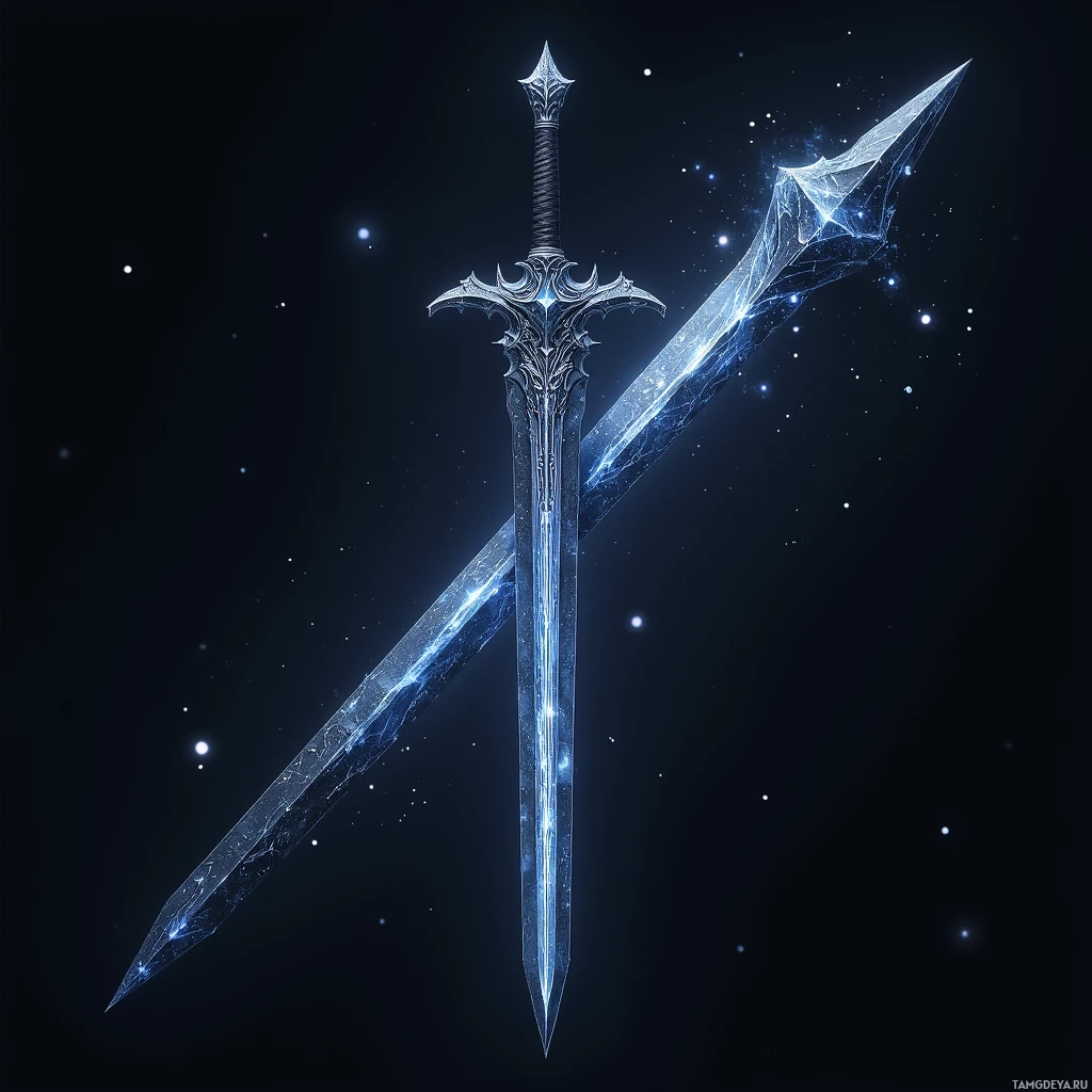 Semi-abstract image with many light, that is suitable for the post:  Night‑black steel sword with silver runes etched along the blade, faintly glowing, hilt wrapped in wolf leather, surrounded by a subtle starlight glow.