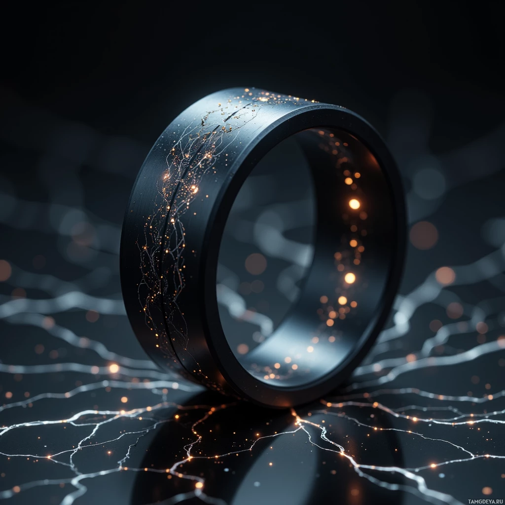 Semi-abstract image with many light, that is suitable for the post:  A matte black, ultra-thin futuristic ring with a subtle glowing neural chip at its center, emitting flickering holo-lines that form a delicate crystal lattice pattern across its surface, minimalist ceremonial design, sleek polished edges.