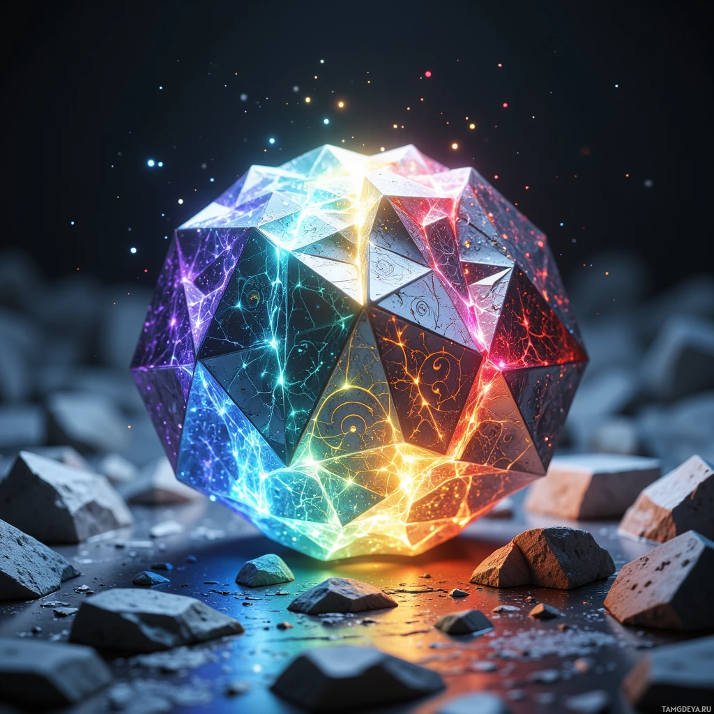 Semi-abstract image with many light, that is suitable for the post:  compact silver faceted cylinder prism with reflective surfaces, etched adaptive sigils that shift into dynamic patterns when moved, refracting light into shifting multi‑colored beams, glossy iridescent silver with subtle circuitry engravings, micro‑layered facets and a softly glowing core, 3D realistic detail, no background context