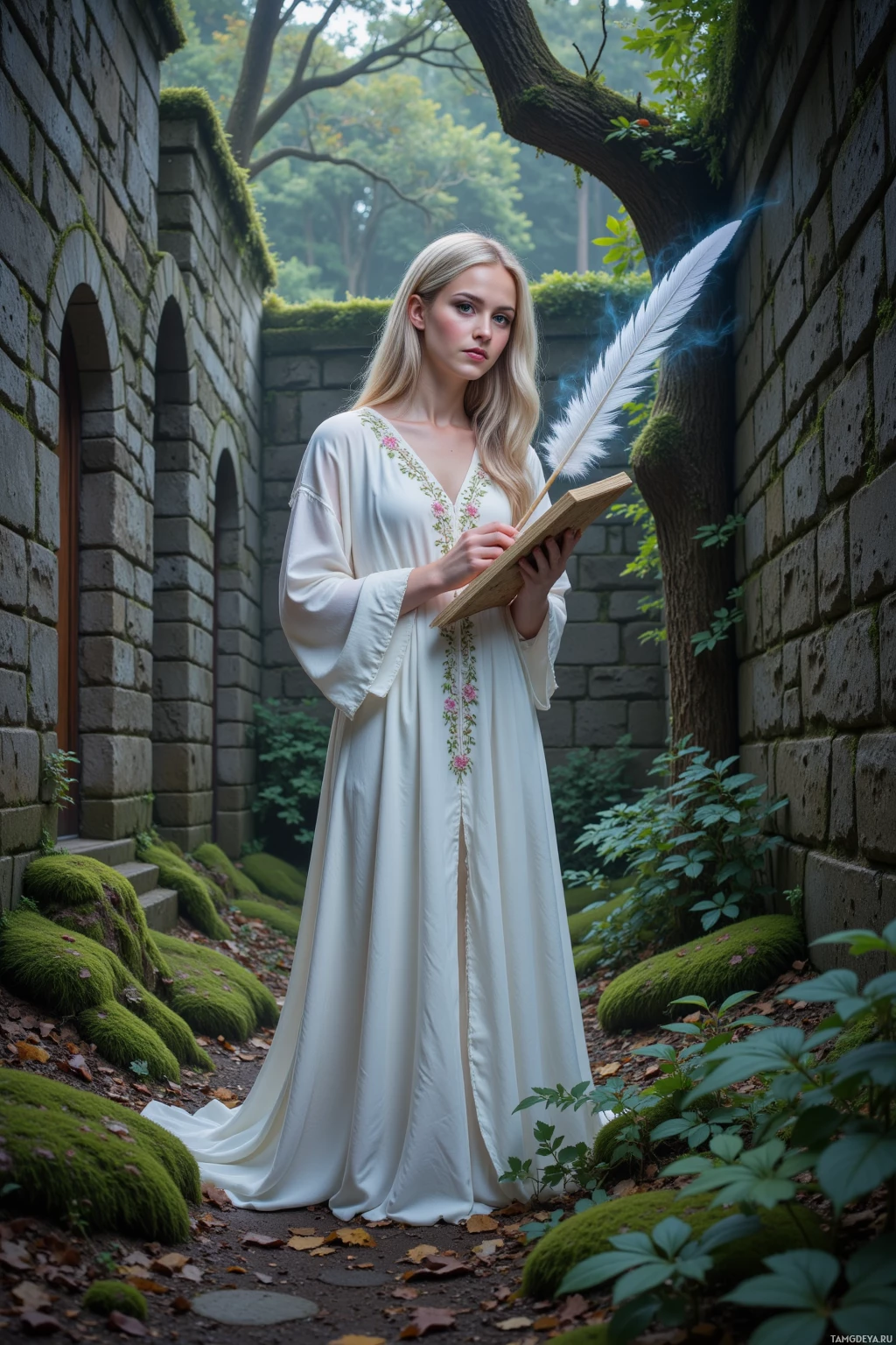 Realistic high quality photo. A 26‑year‑old woman with long silvery blonde hair and pale blue eyes, wearing a flowing white dress with floral embroidery, stands in a moss‑lined ravine beneath ancient stone walls, cradling a silver feather of mist in her hand while writing a verse on a bark panel, wind stirring the surrounding forest foliage at dusk.