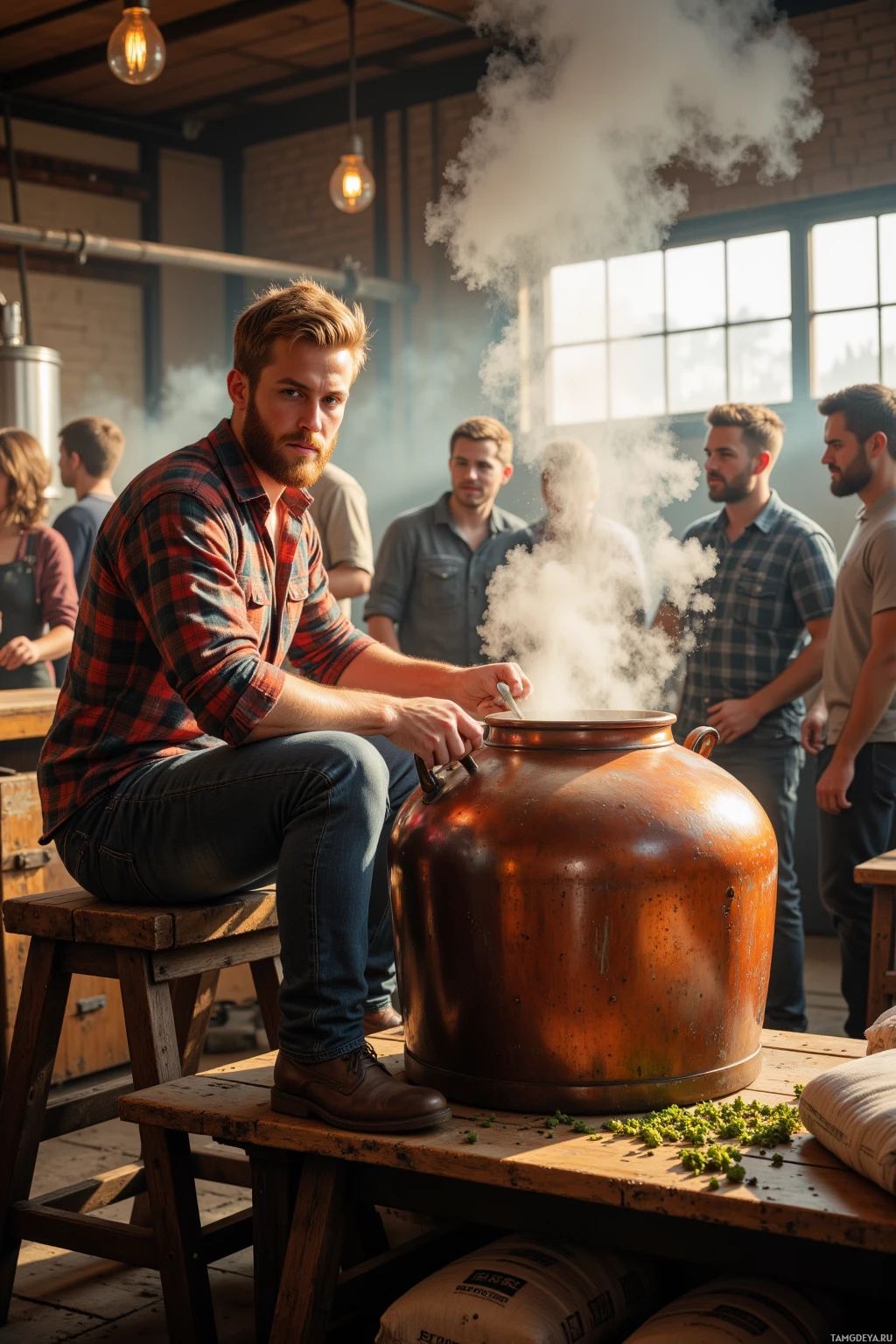 Realistic high quality photo. A 33‑year‑old man with short blonde hair and a trimmed beard, wearing a soft plaid shirt and well‑worn jeans, stirring a large copper brew kettle on a wooden bench in a rustic brewery, steam curling up beside sacks of hops while a crew of coworkers laugh around him in the warm afternoon light.