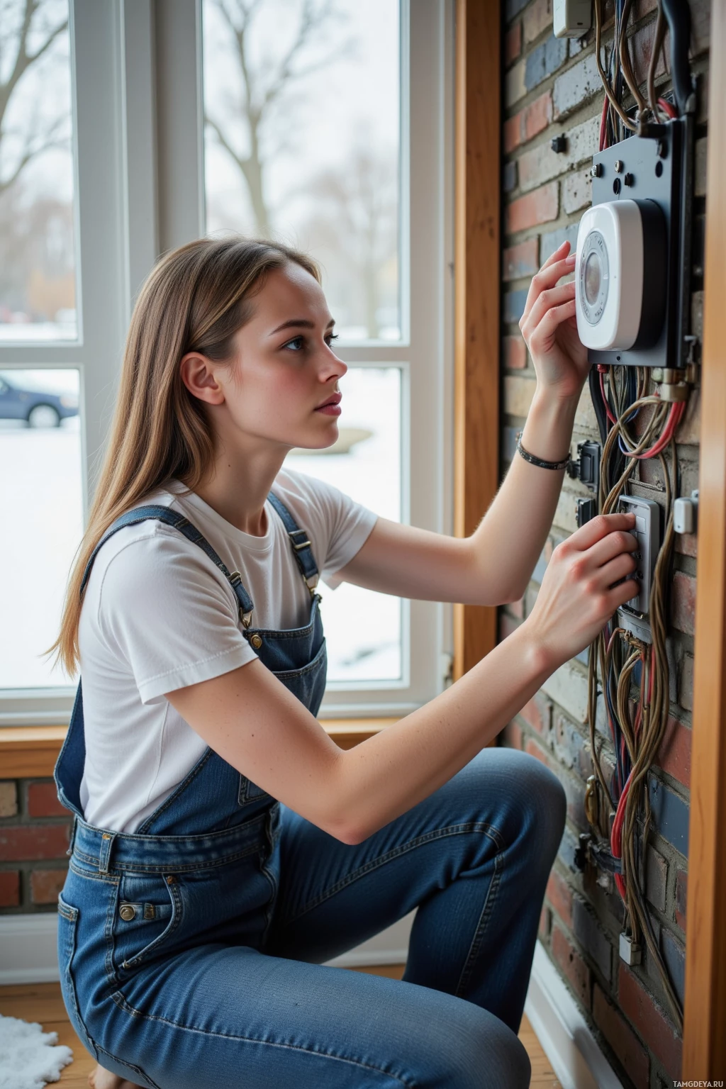 Realistic high quality photo. A 32‑year‑old woman with long light brown hair, clear blue eyes, pale skin, wearing practical mechanic overalls, untangling thick electrical wires on a smart thermostat in a snow‑covered living room, focused and methodical, with frosted windows showing a quiet winter scene in the afternoon light.