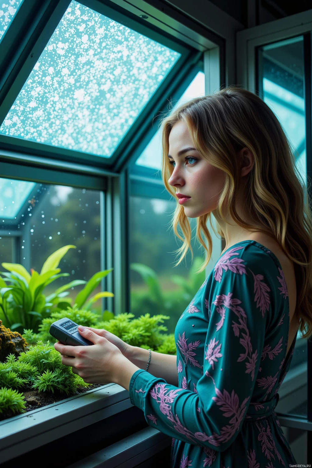 Realistic high quality photo. Woman, 33, light brown curly hair, blue‑green eyes, fair skin, wearing a flowing dress with glowing leaf patterns and soft bioluminescent freckles, stands in a high‑tech laboratory overlooking a terrarium of algae and bioluminescent moss beneath a flickering photonic lattice, adjusting a handheld calibration device while nutrient pH sensor panels glow with simulated dawn light.