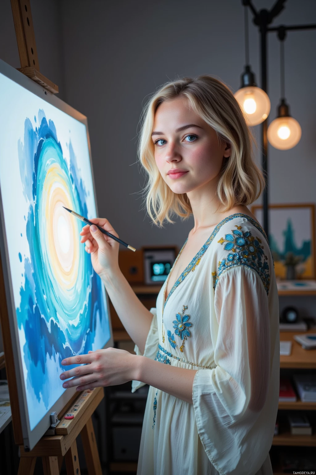 Realistic high quality photo. A 26‑year‑old woman with pastel‑colored messy bob, blue eyes, porcelain skin, heart‑shaped face, wearing a flowy bohemian dress with intricate embroidery, smiles as she holds a digital brush before a bright monitor displaying a fresh canvas of muted blues, surrounded by soft studio lights and a ticking timer on the desk in a modern realistic art studio.