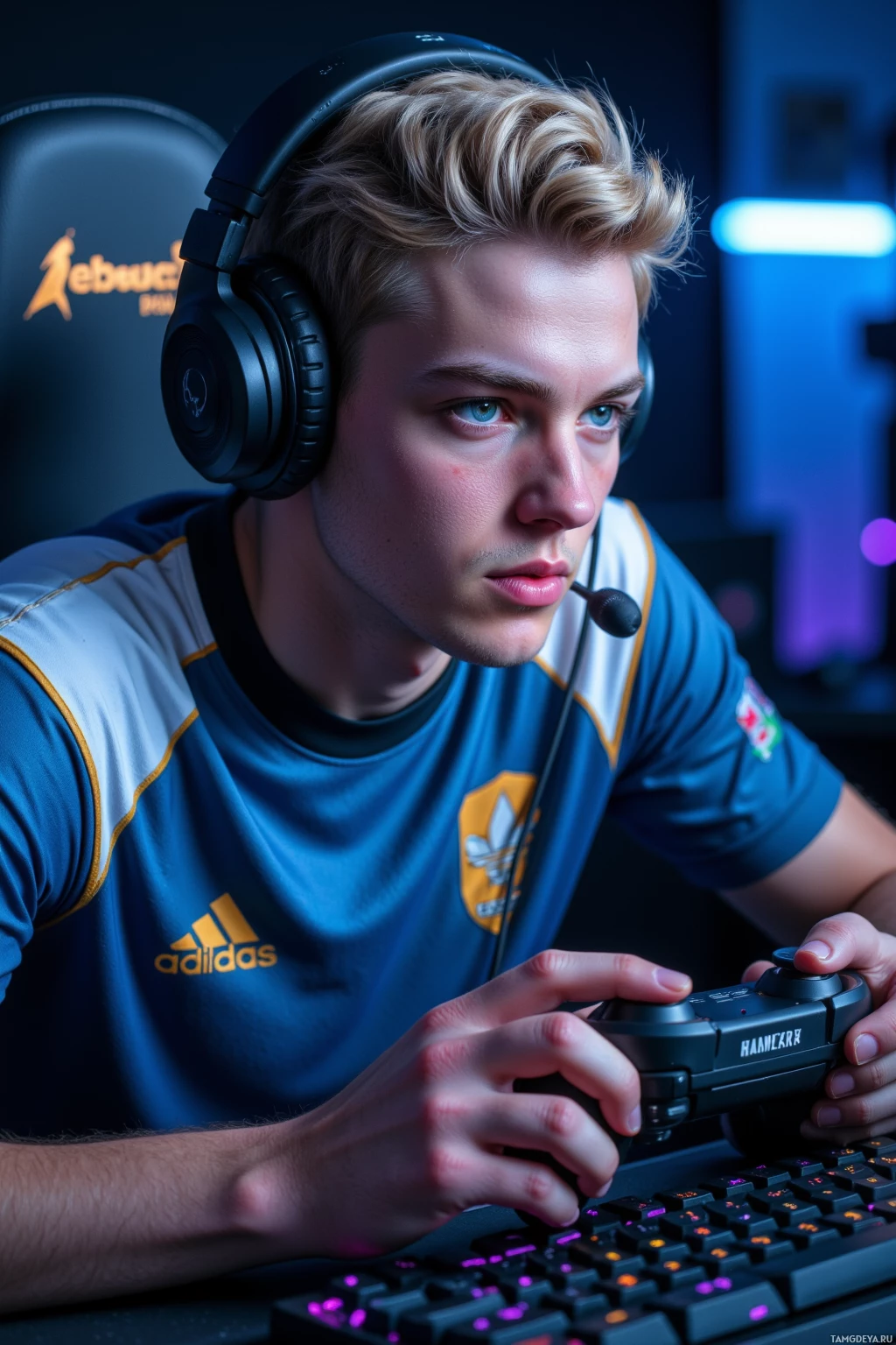 Realistic high quality photo. Male, 22, short blonde hair, bright blue eyes, fair skin, wearing a sleek modern gaming jersey and professional gaming headset, seated at a gaming desk under LED strip lights, intently pressing a keyboard and controller during a final round with a lagging server, expression tense and focused, night time setting.