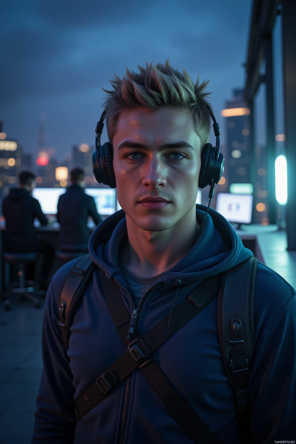 Realistic high quality photo. Male, 27, short spiky blonde hair, blue eyes, pale skin, clean-cut features, wearing a slim-fit tech hoodie with wireless headphones, standing on a modern office rooftop at night, surrounded by a dynamic team collaborating over glowing computer screens, with city lights casting a subtle glow on the dark sky.