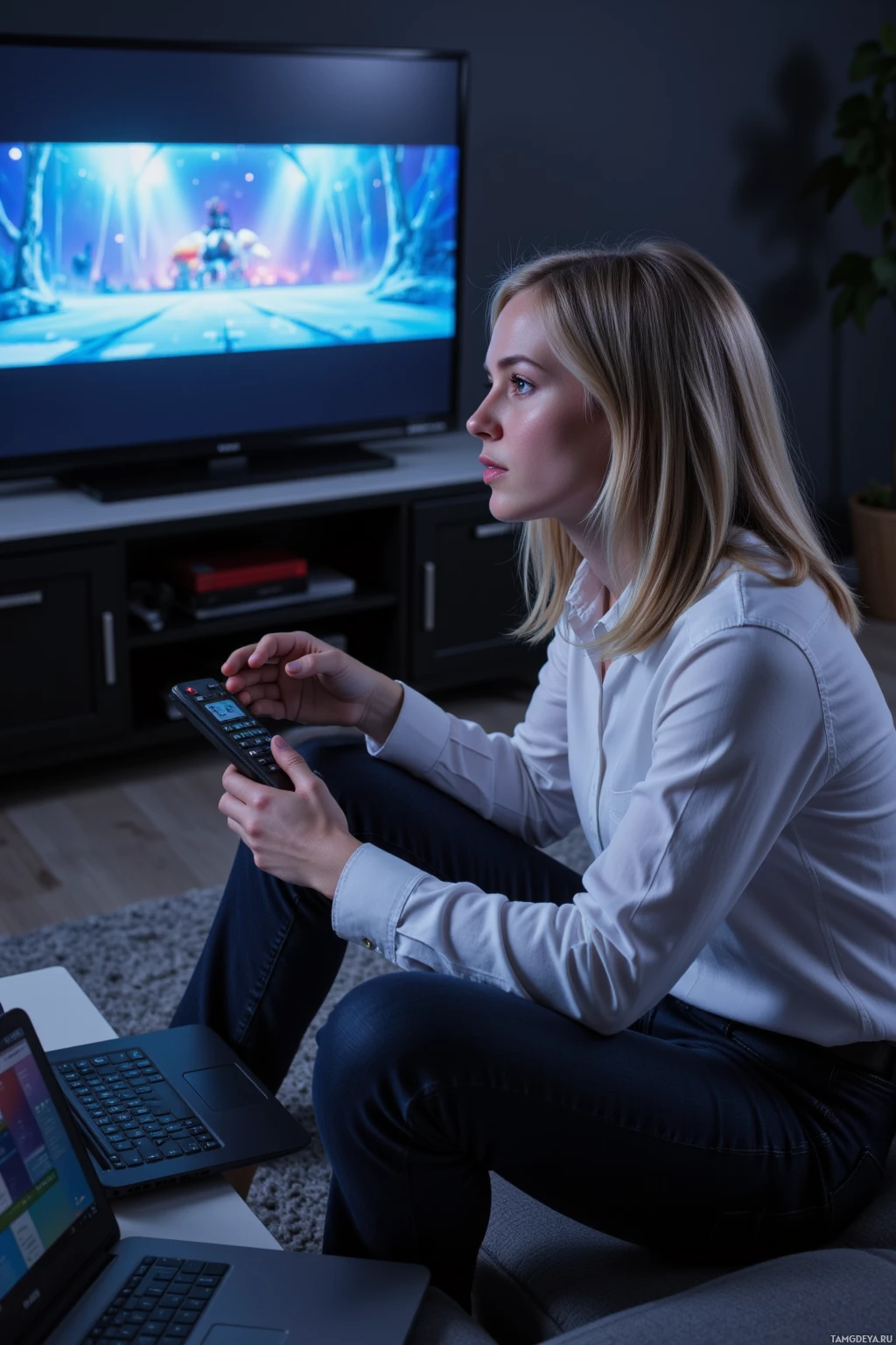Realistic high quality photo. A 33-year-old woman with shoulder‑length blonde hair and blue eyes, wearing a crisp white button‑down shirt and dark jeans, sits on a modern sofa in a dimly lit living room, intensely studying a glitching loading screen on a large flat‑screen TV with an unresponsive remote in hand, while a tablet shows a pixel distribution chart and a laptop displays an updating glitch log.