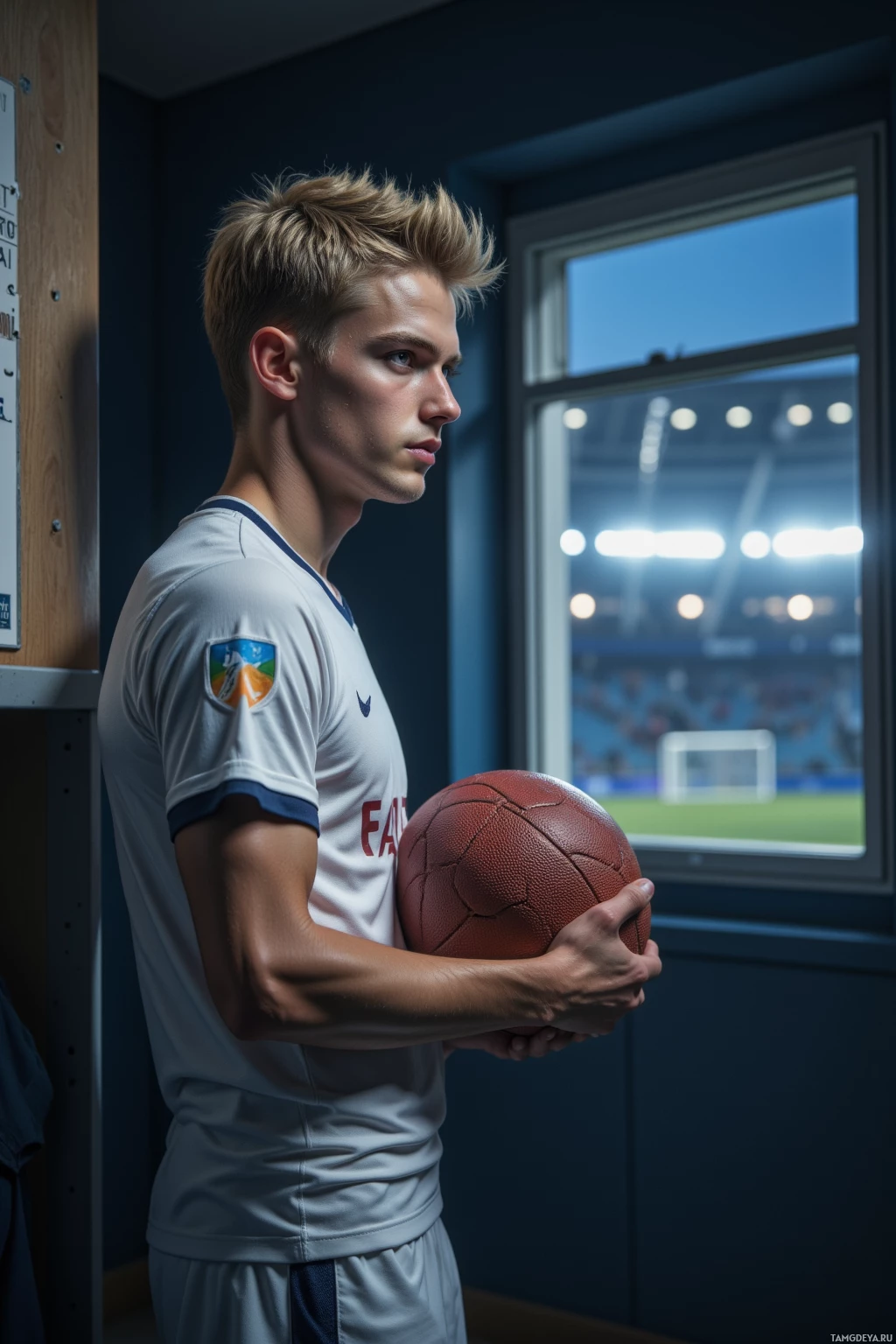Realistic high quality photo. 24-year-old male with short blonde hair, blue eyes, athletic build, wearing a white football jersey and matching shorts, standing in a dimly lit locker room holding a football and staring at a tactical board, with a goalpost visible and stadium lights glowing through the window at night.