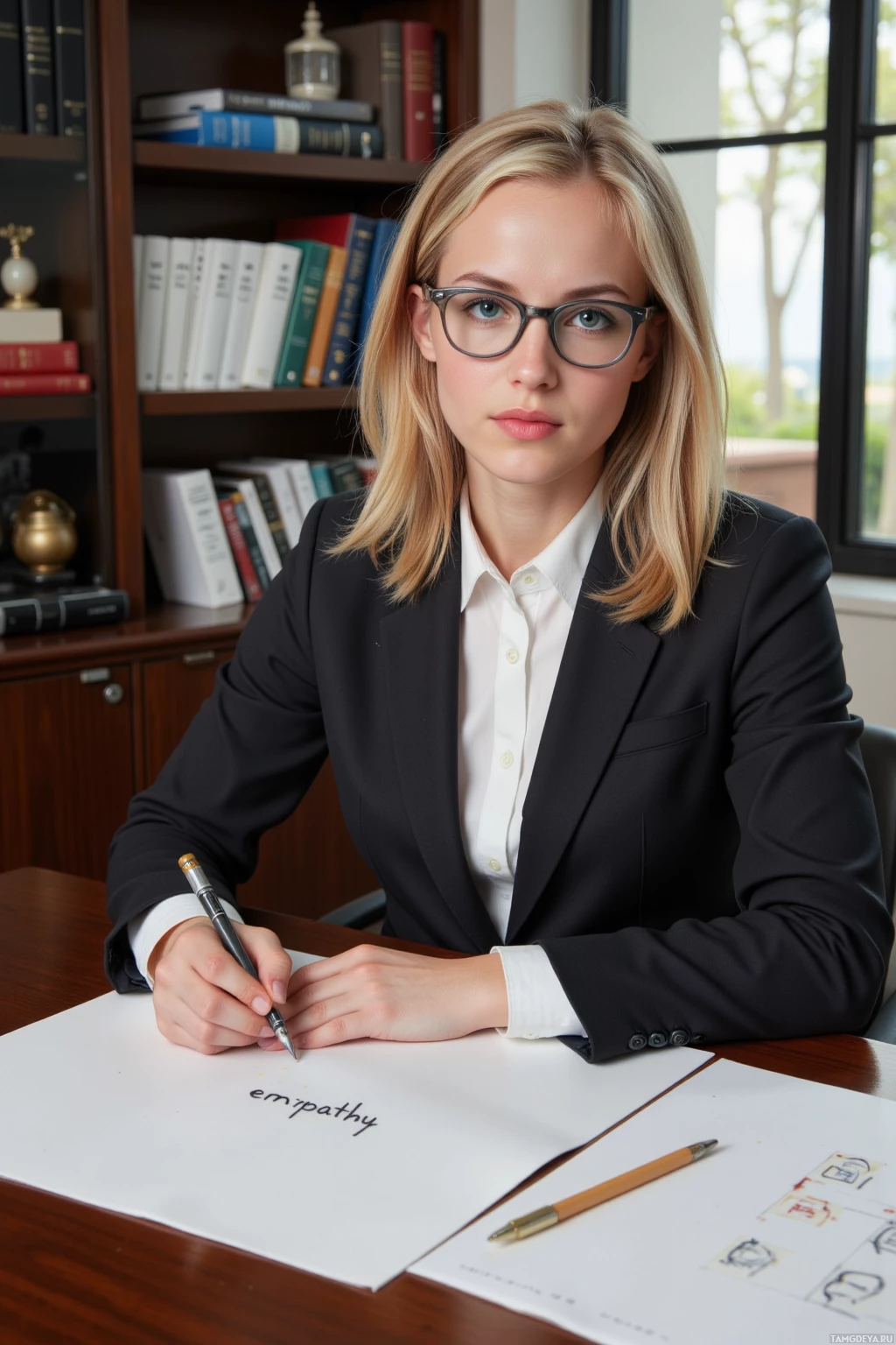 Realistic high quality photo. A 31‑year‑old woman with medium‑length blonde hair, bright blue eyes behind sleek silver‑rimmed glasses, wearing a tailored black pantsuit and crisp white blouse, sits at a polished wooden desk in a modern office, sketching a quiet pause on a blank canvas labeled “empathy” surrounded by closed legal files, exuding professional confidence and a contemplative pause in late afternoon light.