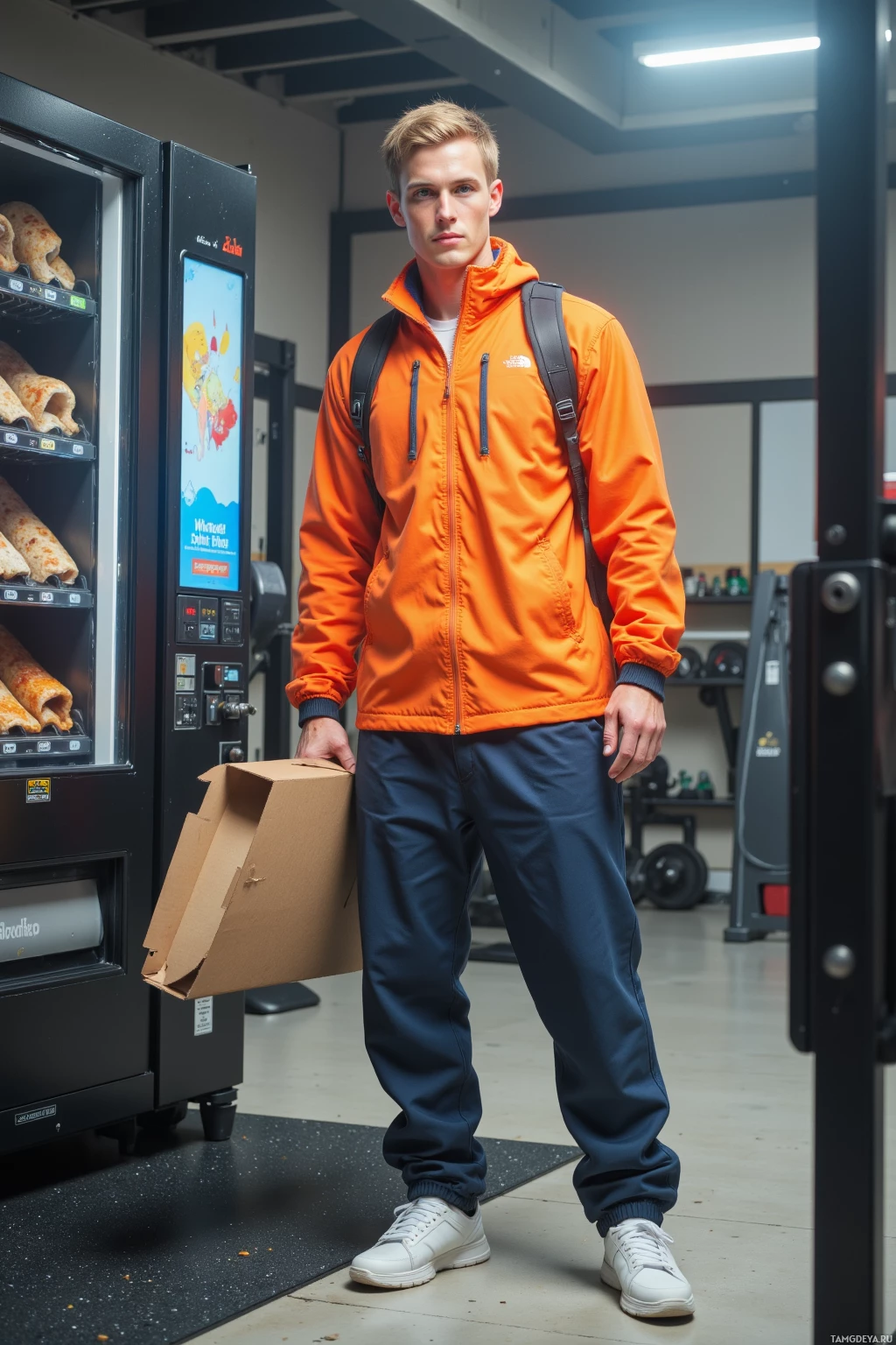 Realistic high quality photo. Man, 24, short blonde hair, blue eyes, wearing a bright windbreaker, loose athletic pants, white sneakers, standing in a modern gym beside a vending machine, holding a pizza box, relaxed posture, afternoon light.