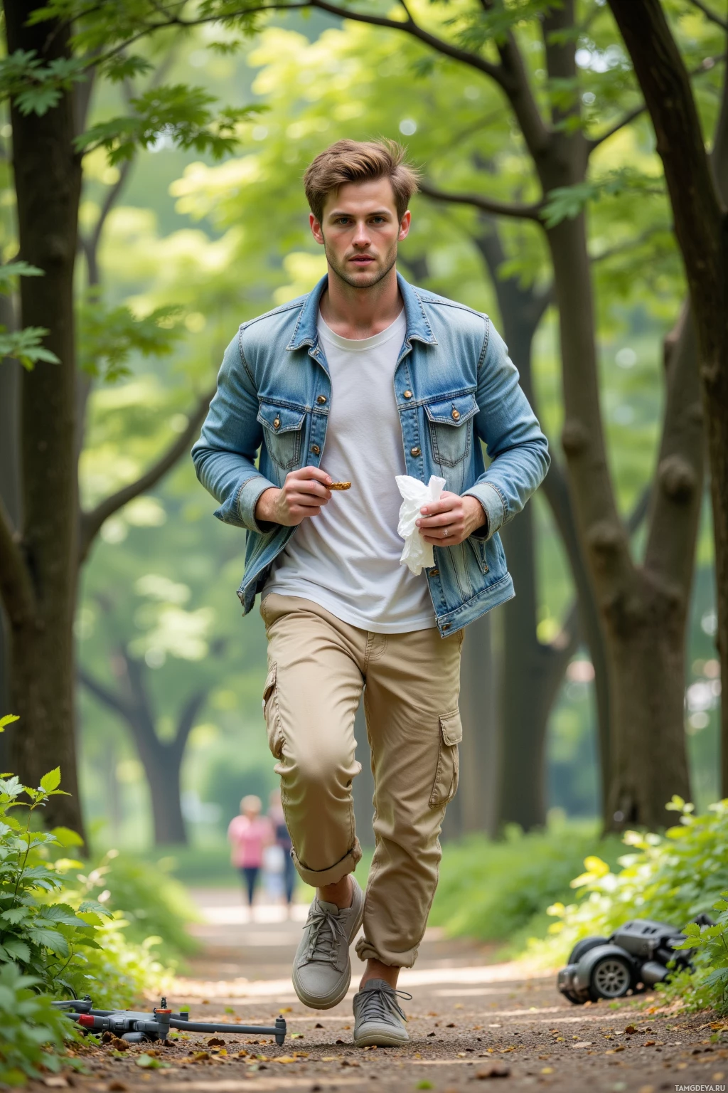 Realistic high quality photo. Male, 21, man with tousled light brown hair, bright blue eyes, wearing a white t-shirt under a light denim jacket and beige cargo pants, running through a green park trail at midday while sketching a quick climate graph on a napkin in one hand, munching a protein bar in the other, with a drooping ficus plant in a corner and a collapsed drone metal pile on the path nearby.