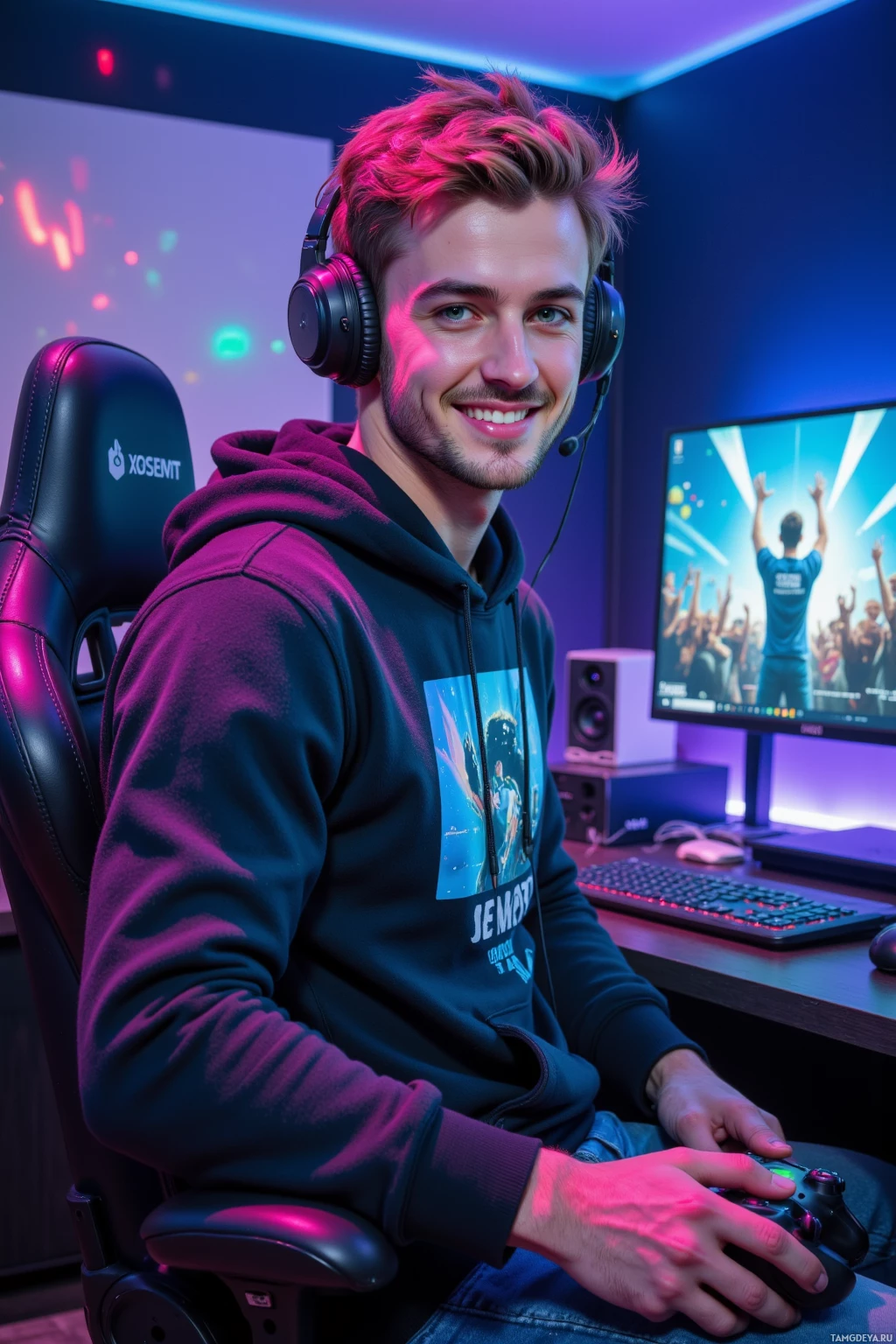 Realistic high quality photo. male, 24, tousled blonde hair, bright blue eyes, fair skin, open friendly face, strong jawline, freckles, wearing a casual graphic hoodie with gaming design and comfortable jeans, gaming headset on head, standing in a modern living room with neon strip lighting, front of a computer monitor streaming a video game, smiling, holding a controller, surrounded by a laptop, gaming chair, decorative LED strip, and a screen showing a cheering audience.