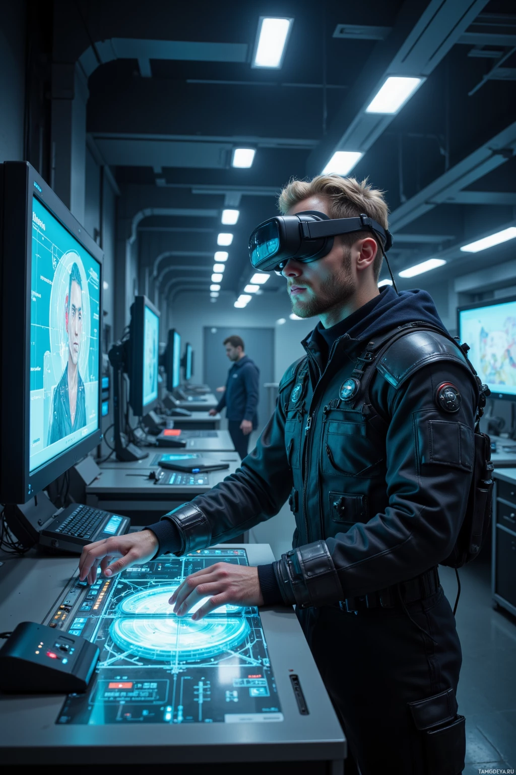 Realistic high quality photo. Male engineer, 35, short blonde hair, piercing blue eyes, pale complexion, sharp jawline, wearing a sleek black jumpsuit with metallic panels and a utility belt, goggles perched on his forehead, standing in a dimly lit high‑tech VR lab with holographic monitors showing a 10k fps render graph, adjusting a spatial audio map on a translucent console while cooling fans hum, late‑night atmosphere.