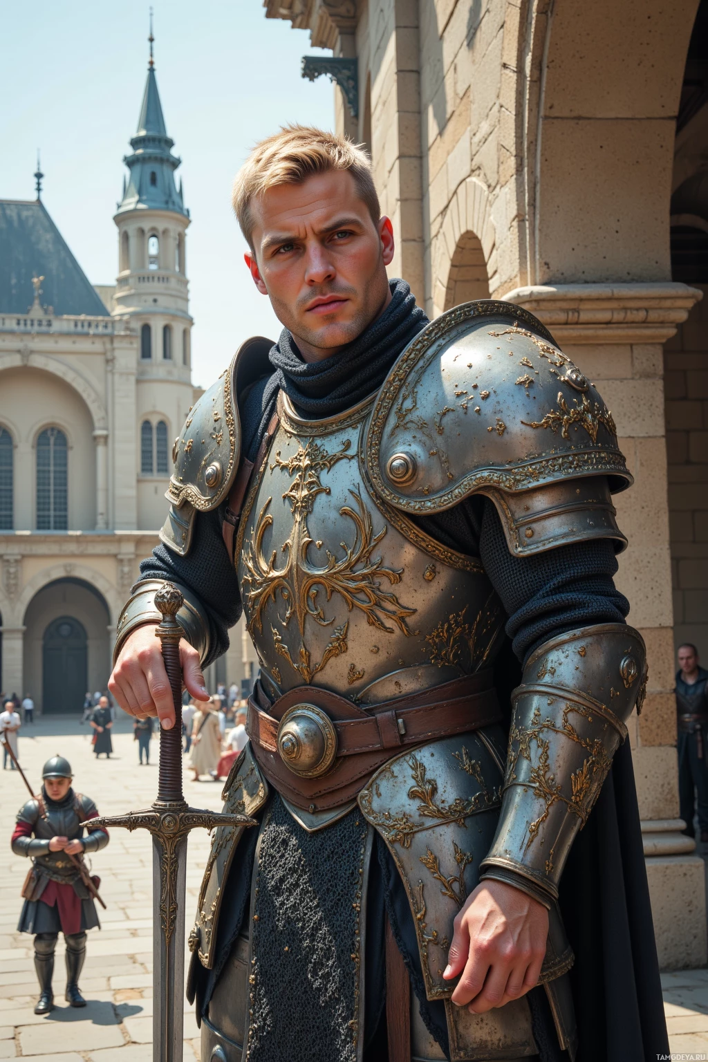 Realistic high quality photo. Male warrior, 40, broad‑shouldered, short blonde hair, piercing blue eyes, pale skin, strong jawline, wearing ornate heavy armor with intricate engravings and a polished steel helmet under one arm, sharpening a sword in a stone courtyard under a clear midday sky while a younger squire slips nearby, his steady hand and disciplined expression reflecting unwavering duty.
