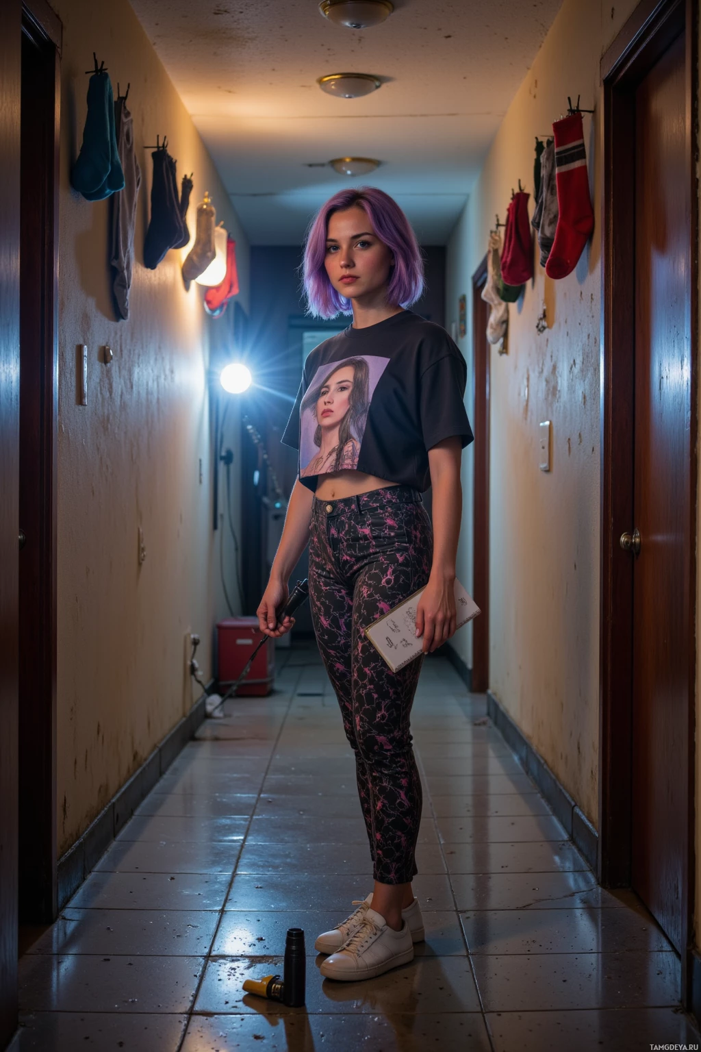 Realistic high quality photo. Woman, 24, vibrant purple messy bob hair, bright blue eyes, wearing a graphic t‑shirt, high‑waisted patterned pants, and white sneakers, holding a sketchpad and flashlight, standing in an old hallway where warm glowing lights reflect off hanging socks, creating a playful light show, late afternoon, modern realism.