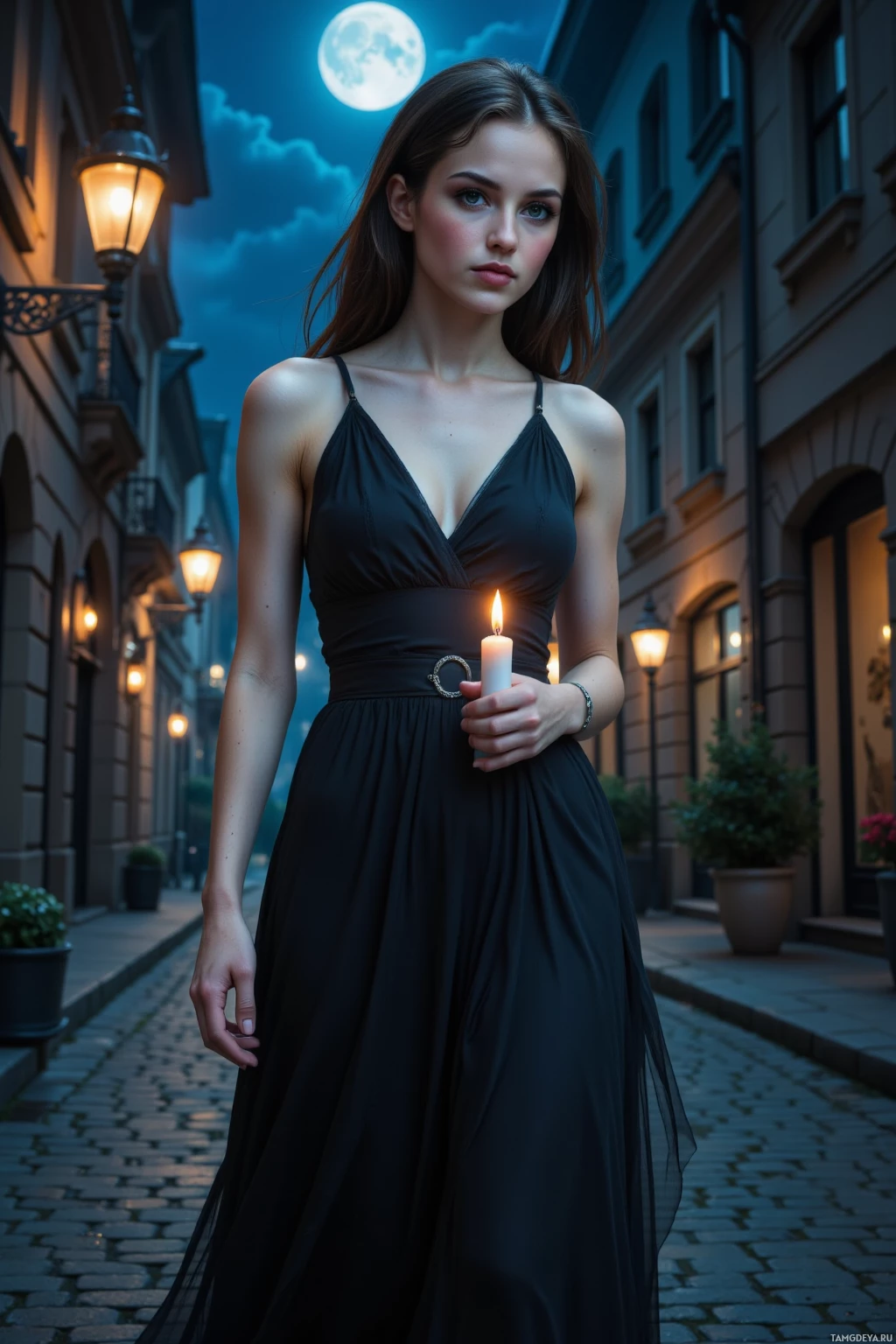Realistic high quality photo. A 27‑year‑old woman with dark flowing hair, deep brown eyes, porcelain skin, wearing a long black dress that glows under the moon, silver chain around her neck, holding a softly glowing candle and a notebook, wanders on moonlit cobblestone streets of a quiet city at night, with silver streetlamps casting gentle light and shadows dancing around her, exuding a quiet, introspective and ethereal mood.