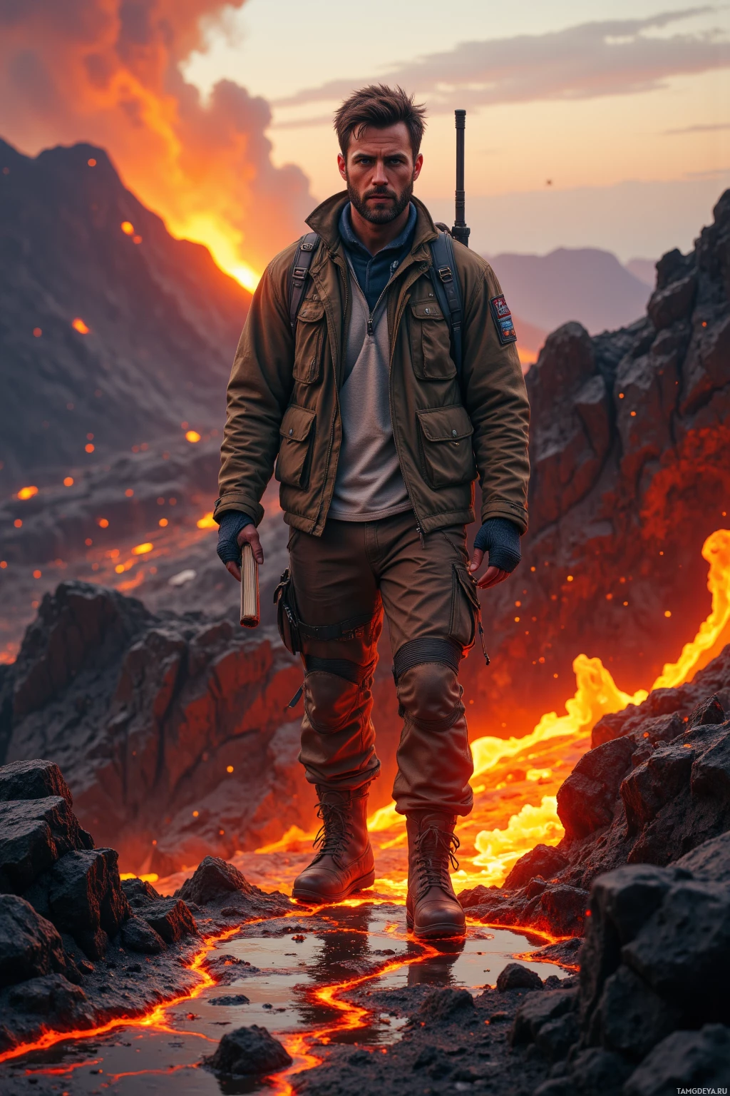 Realistic high quality photo. A rugged 38‑year‑old volcanologist with short dark brown hair, intense blue eyes, warm golden brown skin, wearing sturdy pants, a lightweight jacket, and weathered boots, stands on a freshly cracked ridge beside a glowing fissure, a notebook half‑submerged in molten lava, amid a post‑apocalyptic volcanic landscape at dusk.