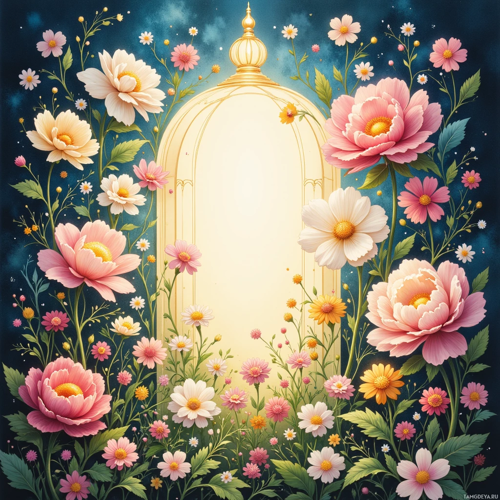 Semi-abstract image with many empty light space at center of beautiful background, that is suitable for the post:  The duty I bear blooms like a garden under a glass dome, each petal a quiet promise.