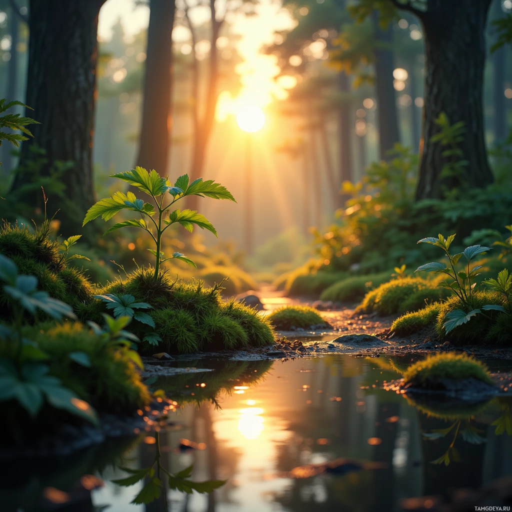 Semi-abstract image with many empty light space at center of beautiful background, that is suitable for the post:  A single dew droplet, reflecting sunrise, reminds me that protection is a gentle ripple through the forest's pulse.