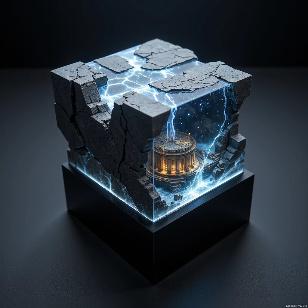 Semi-abstract image with many light, that is suitable for the post:  Compact matte black cube, deck‑of‑cards size, smooth matte finish, emitting translucent interactive holographic layers of ancient Alexandria with touch‑activated 3D reconstructions of the harbor and Great Library.